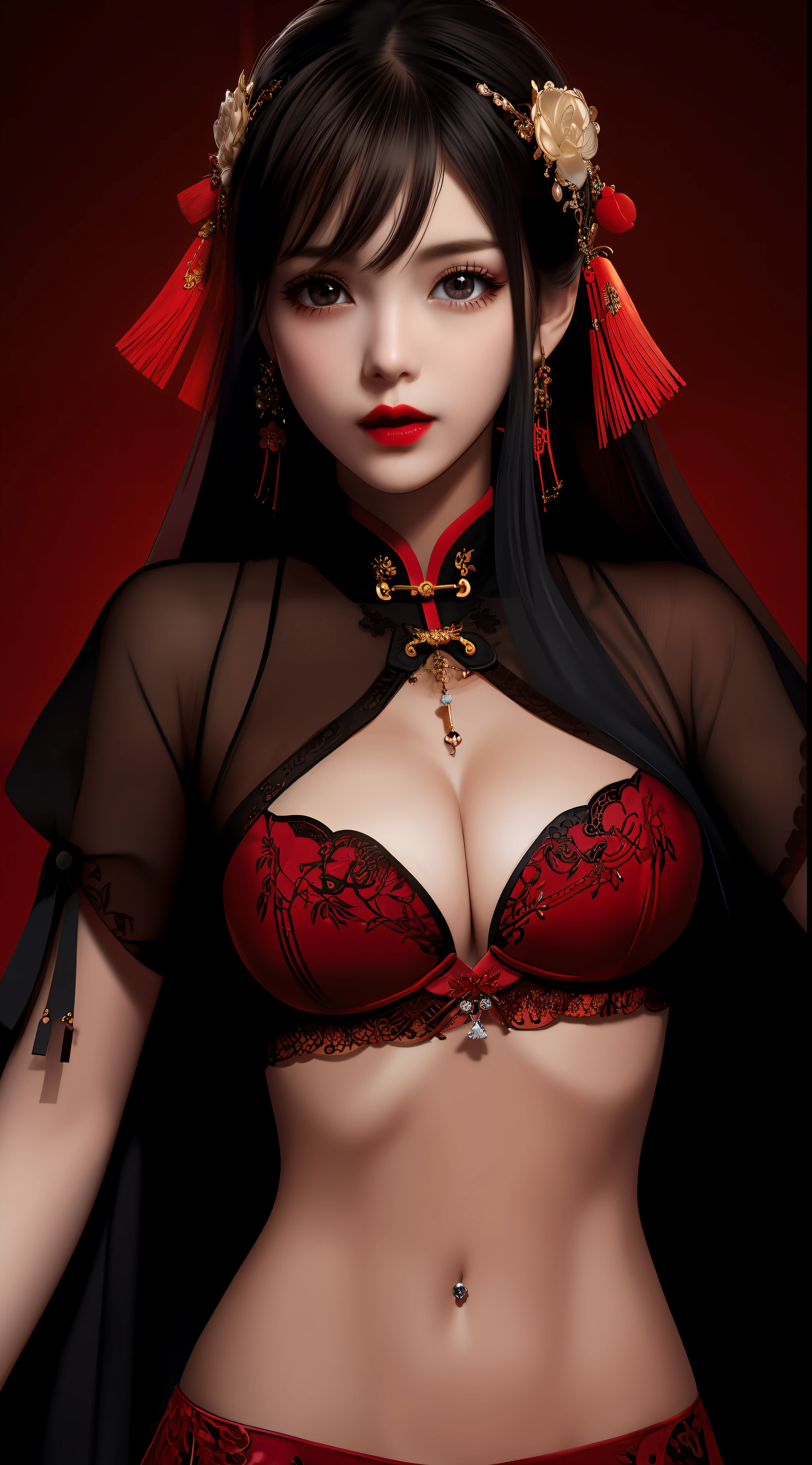Realistic, 1 girl, see-through chinese armor soft red black, very large breasts, black hair, red lips, detailed eyes , dark backgrou,,Low light, Chinese underwear, best face, Low light landscape, sexy style, royal, Penetration , chinese underwear,bust, Dark background, Detailed face, taken from the belly up,See-through fabric, chest piercing