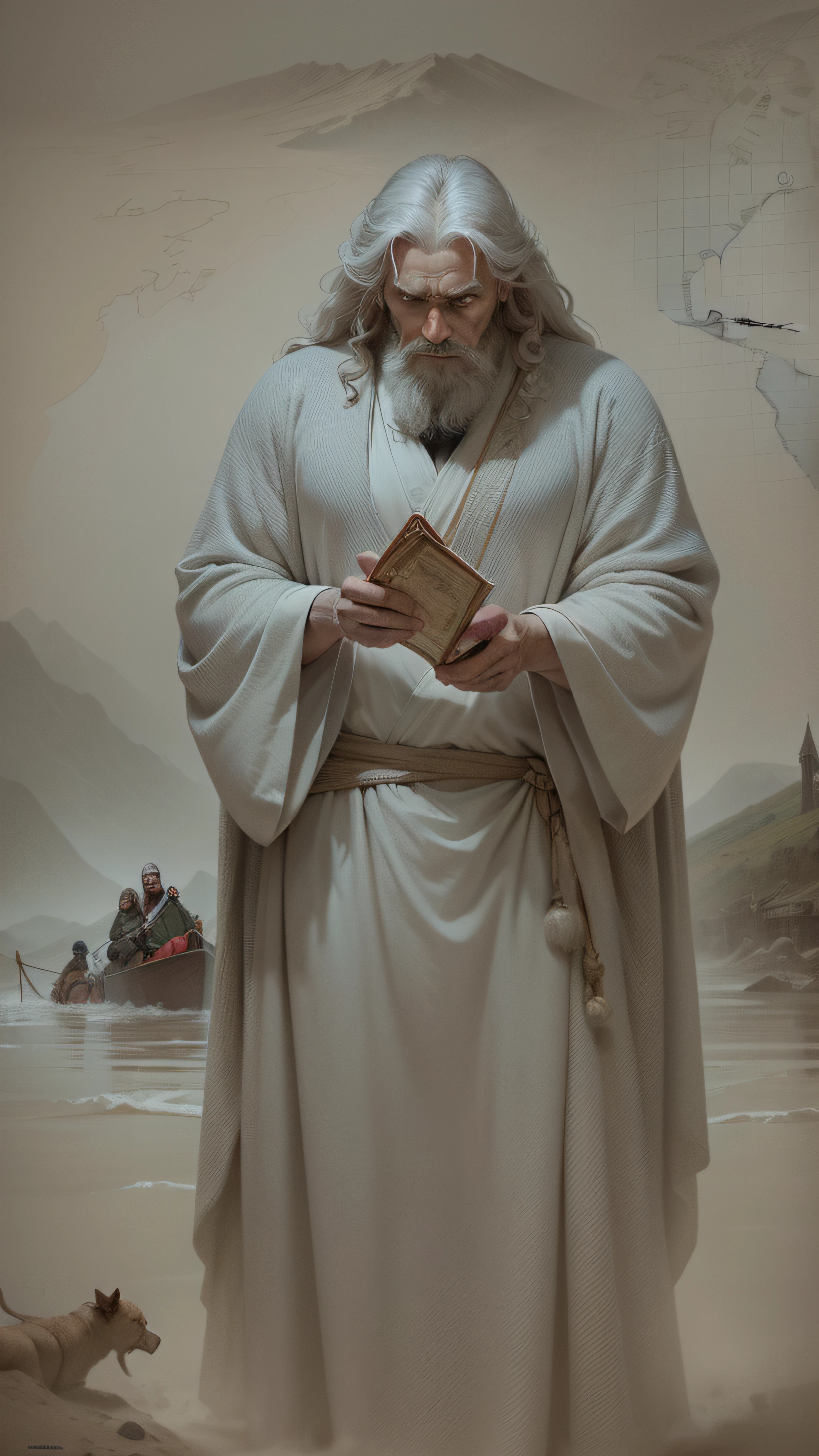 Make an image based on the text: "After the flood, the three sons of Noah divided the earth: Shem, Ham and Japheth. Western." Make the Prophet Noah, white-haired and bearded, eyes white as blazing light, girded with a crimson tunic and a robe striped with red and gray. And make his three sons, each of a different color, Cam: Moreno, Sem Ariano, and Jafé Caucasian Blonde. Make them four talking to each other, with a map in their hands, and in the background Noah's Ark on Mount Ararat. Boris Vallejo Style Wallpaper. top Quality, 16k, Masterpiece. --auto