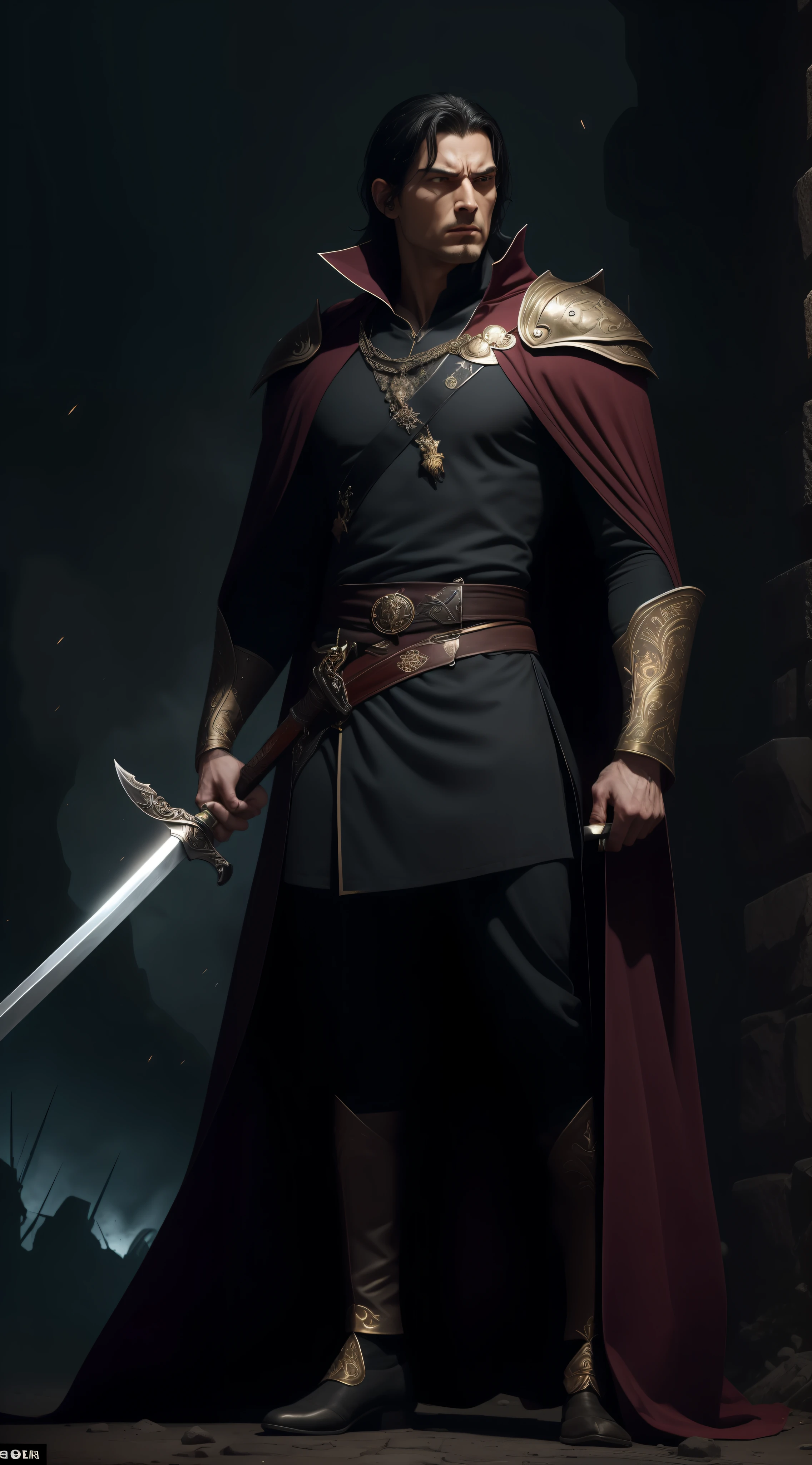 Described as a tall, imposing man with striking features and calculating expression. He has silky black hair, which falls down to his shoulders, and piercing, intense eyes. Their appearance is usually described as gloomy and mysterious.

Clothes: Dresses in elegant and formal attire, which reflect his status as a powerful sorcerer. He wears a long, dark cape, decorated with golden details and magical emblems. Under the cover, he wears a tunic of noble fabric, in shades of black and purple, with intricate details and mystical symbols.

He is known for his upright and confident posture. (((He is delivering a blow in the air depicted with his long sword))), ((battle pose holding a long sword wielded with both hands)) , conveying an aura of power and superiority. His facial expression is serious and intimidating, reflecting his ambitious and relentless personality. The setting surrounding him is often dark and enigmatic. He is often associated with mysterious environments, devastated battlefield.