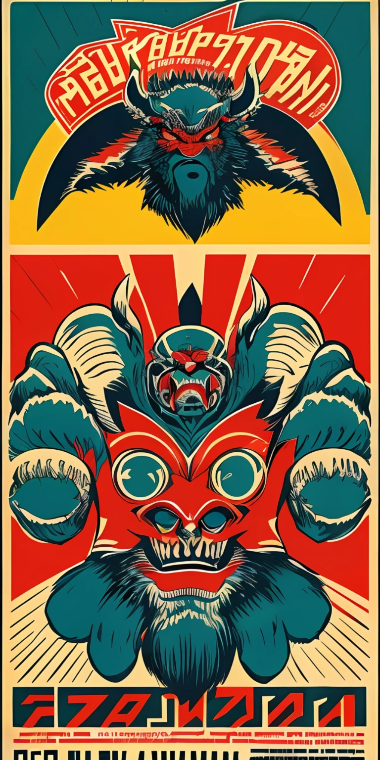 ((CCCP Poster, Soviet Poster)) ((( A monster, in a battle, left side shot))), (((with a wild angy creature, front shot))) , in a battle arena, propaganda Poster, poster, Poster design, poster art style. 1970s, 1950s, 1960s, basic colour scheme, Very colourful poster, colour art, thirds rule, inspiring, dynamic perspective