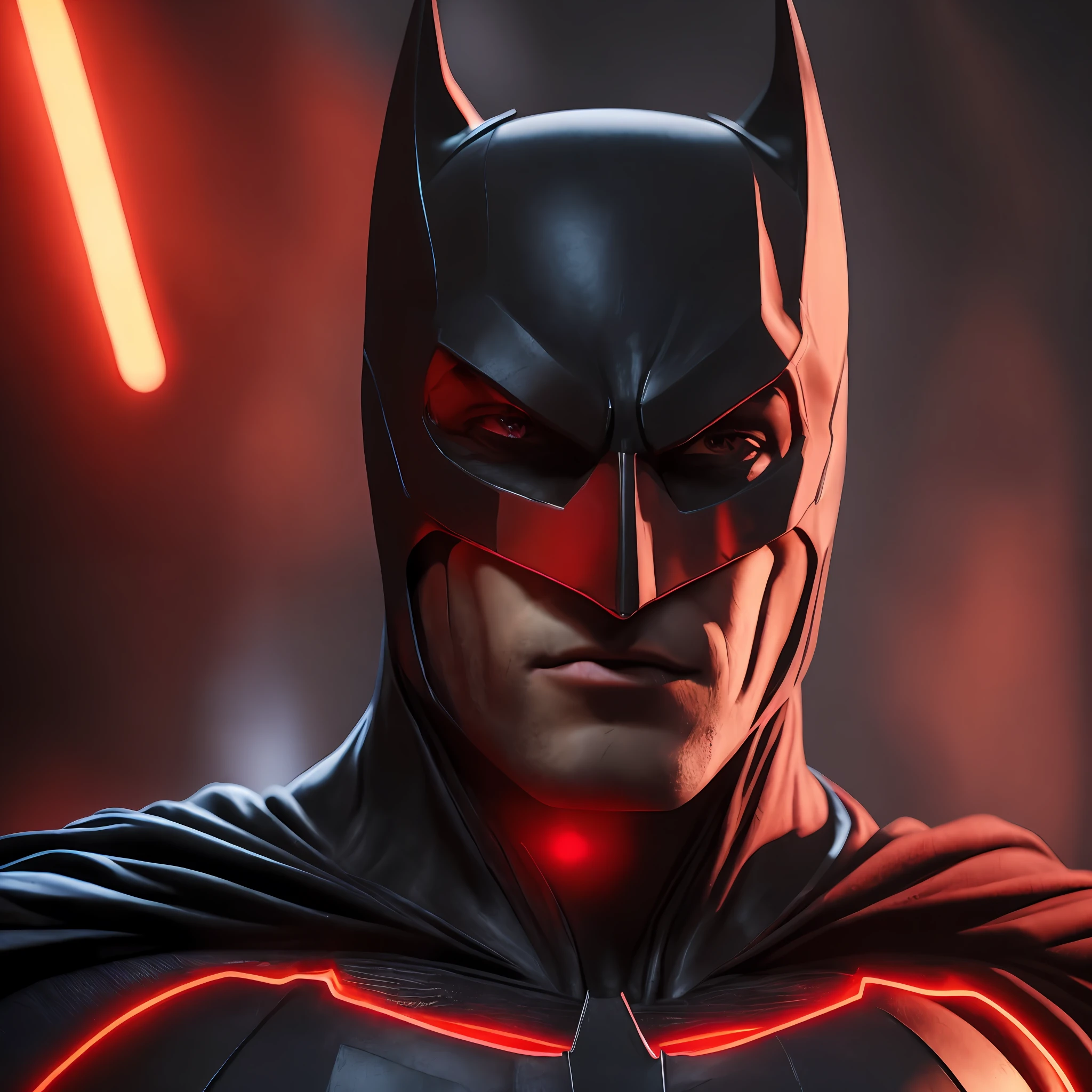 "Realistic Batman, realistic light, striking eyes, red neon effect, superior 8k quality" --auto