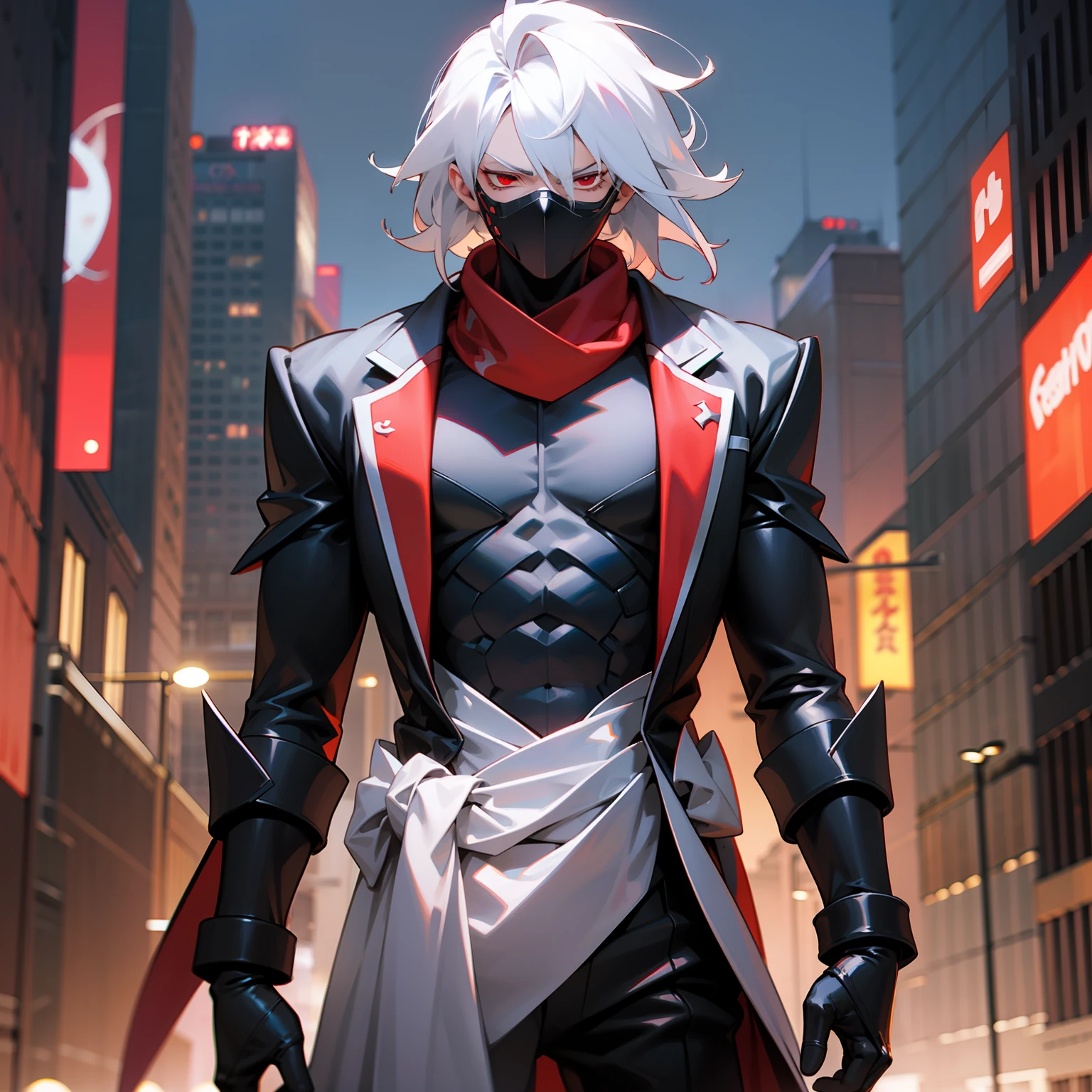 3D photo, a man, white hair, with red eyes, wearing a black face covering, and wearing a black suit with two flaps, a red scarf, a scene in the city at night, and with a Japanese sword crossed on his back, the man stands still with a sad face,  pose cool,