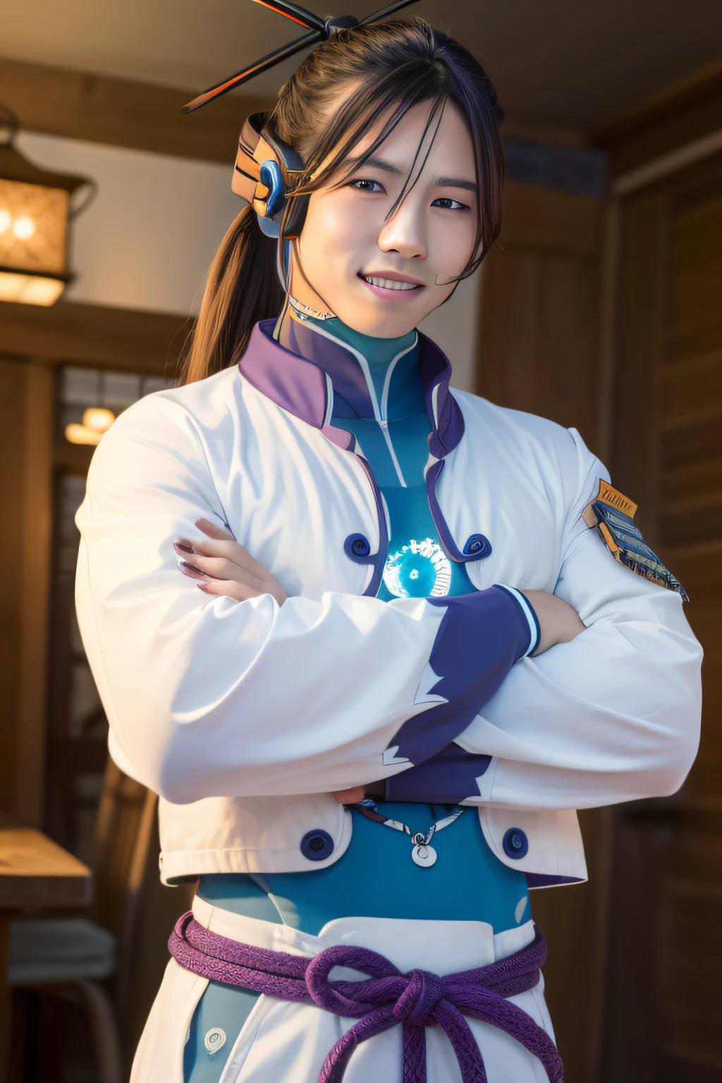 (masterpiece, best quality:1.2),, cowboy shot, solo, male focus, 1boy, kamui gakupo, smile, closed mouth, looking at viewer, crossed arms, ponytail, headphones, japanese clothes, armor