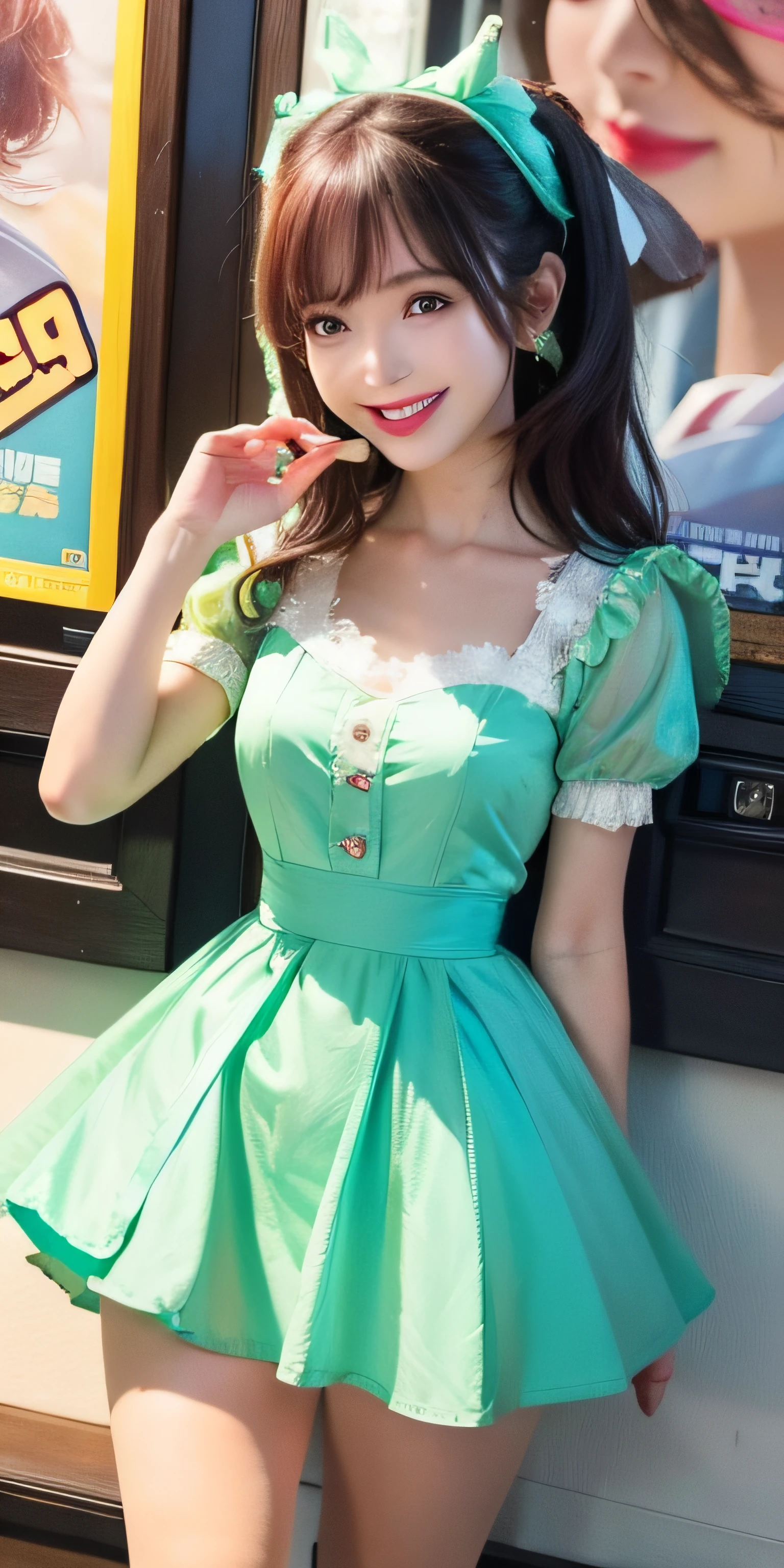 there is a woman in a dress that is smiling for the camera, a pastel inspired by Miwa Komatsu, reddit, tachisme, belle delphine, pokimane, lalisa manobal, ruan cute vtuber, with bangs, full body! pretty face, she expressing joy, joyful smirk