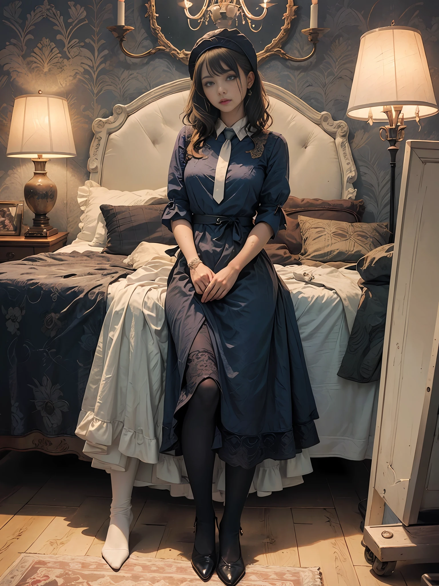 (realisitic、Photorealsitic:1.4), (8K、Raw photography、top-quality、​masterpiece:1.2)、cute little、ultra-detailliert、Heart-shaped pupil、physically-based renderingt、超A high resolution、Look at viewers、Photorealistic、Realistic、Solo, Photorealistic、top-quality、extra detailed face、extremely detailed eye and face、beatiful detailed eyes、 Adult woman in Lolita style posing for photo, Erotic look, Full body!!, angelic pretty, A dark-haired、pale-blue、Erotic Poses, white  panties, White ruffled socks, (Standing Pose), Background of the majestic temple