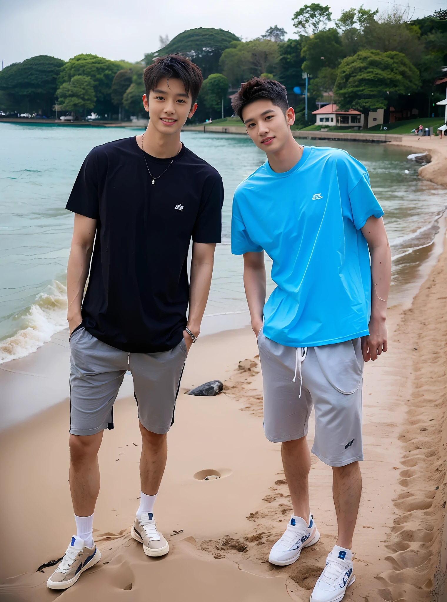 (Chinese Handsome: 1.5), two men on the beach with realistic details, realistic photos, textured skin, looking into the camera, 18 years old boy, studio, danshi koukousei, model, long legs, gay couple