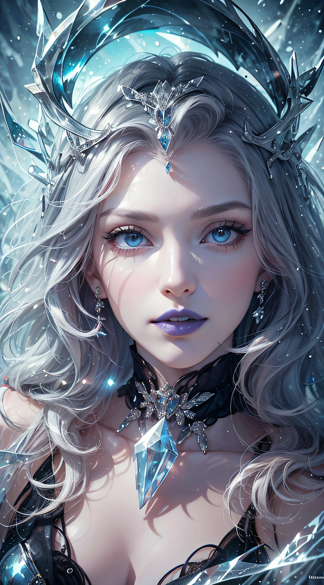illustration, woman, blue lipstick on lips, cinematic lighti, highest quality, ultra detailed realism, detailed face, detailed eyes, best quality, hyper detailed, Works Prima, Masterpiece, Top Quality, Best, Official Art, Beautiful and Aesthetic, Long Exposure: 1 leggy and thin woman, broad and delicate shoulders, medium breasts, Charming Patterns, Icy witch woman, White , eyes covered by a veil made of ice, Her body is covered with pieces of ice detailed in a beautiful black dress, witch, winter, ice throne, witchcraft, Tone of Magic in Blue, strong glow in neon blue, queen, majesty, in the background a blizzard covering the environment. Front portrait, full body.