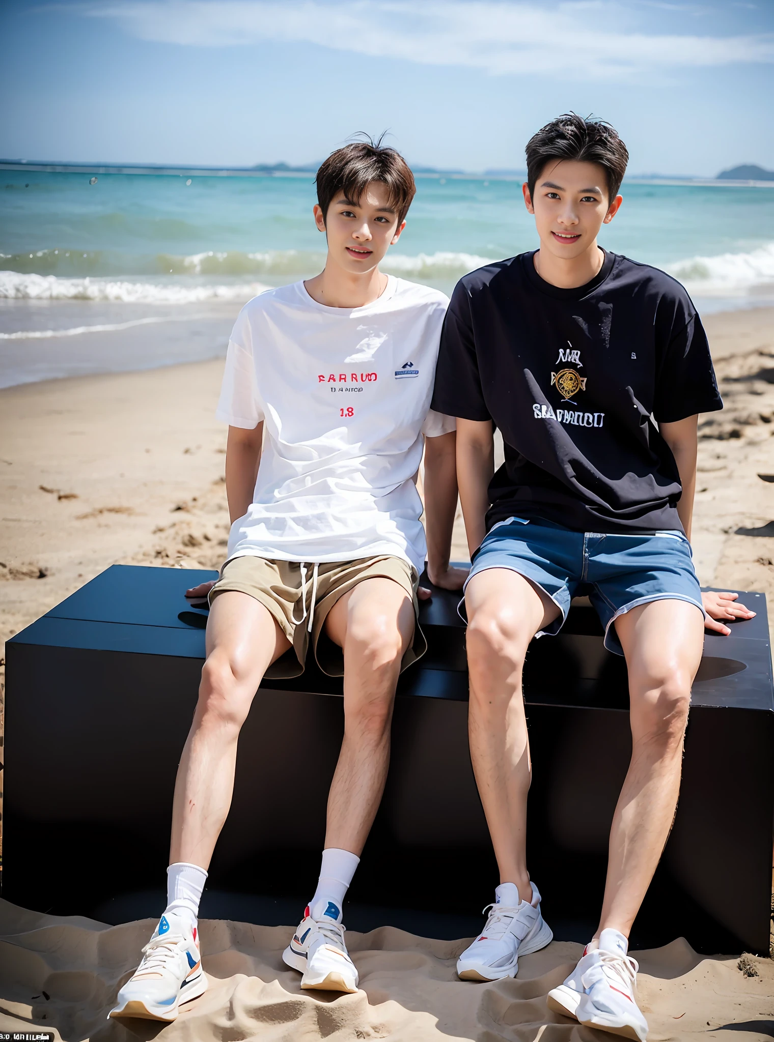 (Chinese Handsome: 1.5), two men on the beach with realistic details, realistic photos, textured skin, looking into the camera, 18 years old boy, studio, danshi koukousei, model, long legs, gay couple