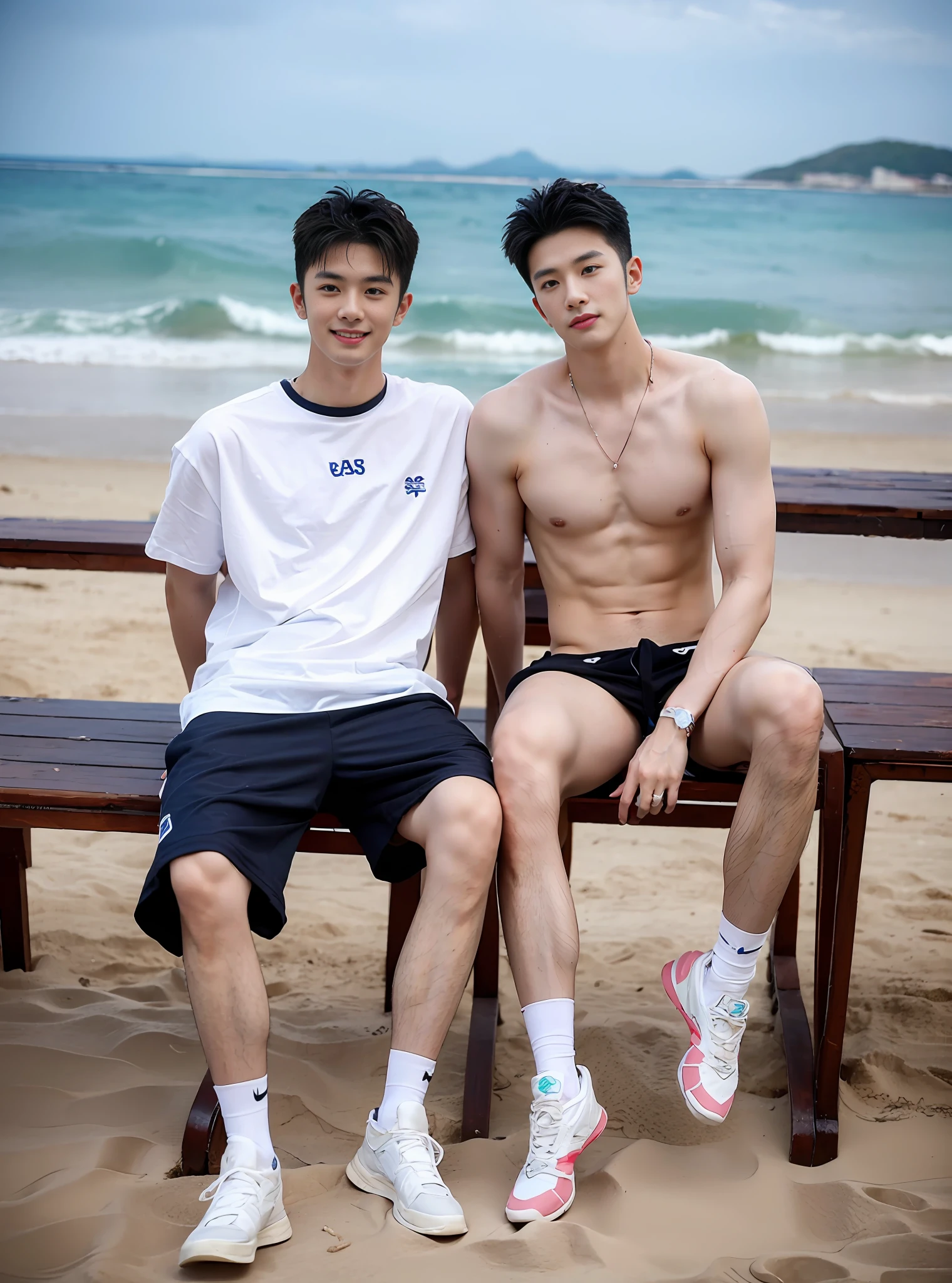 (Chinese Handsome: 1.5), two men on the beach with realistic details, realistic photos, textured skin, looking into the camera, 18 years old boy, studio, danshi koukousei, model, long legs, gay couple