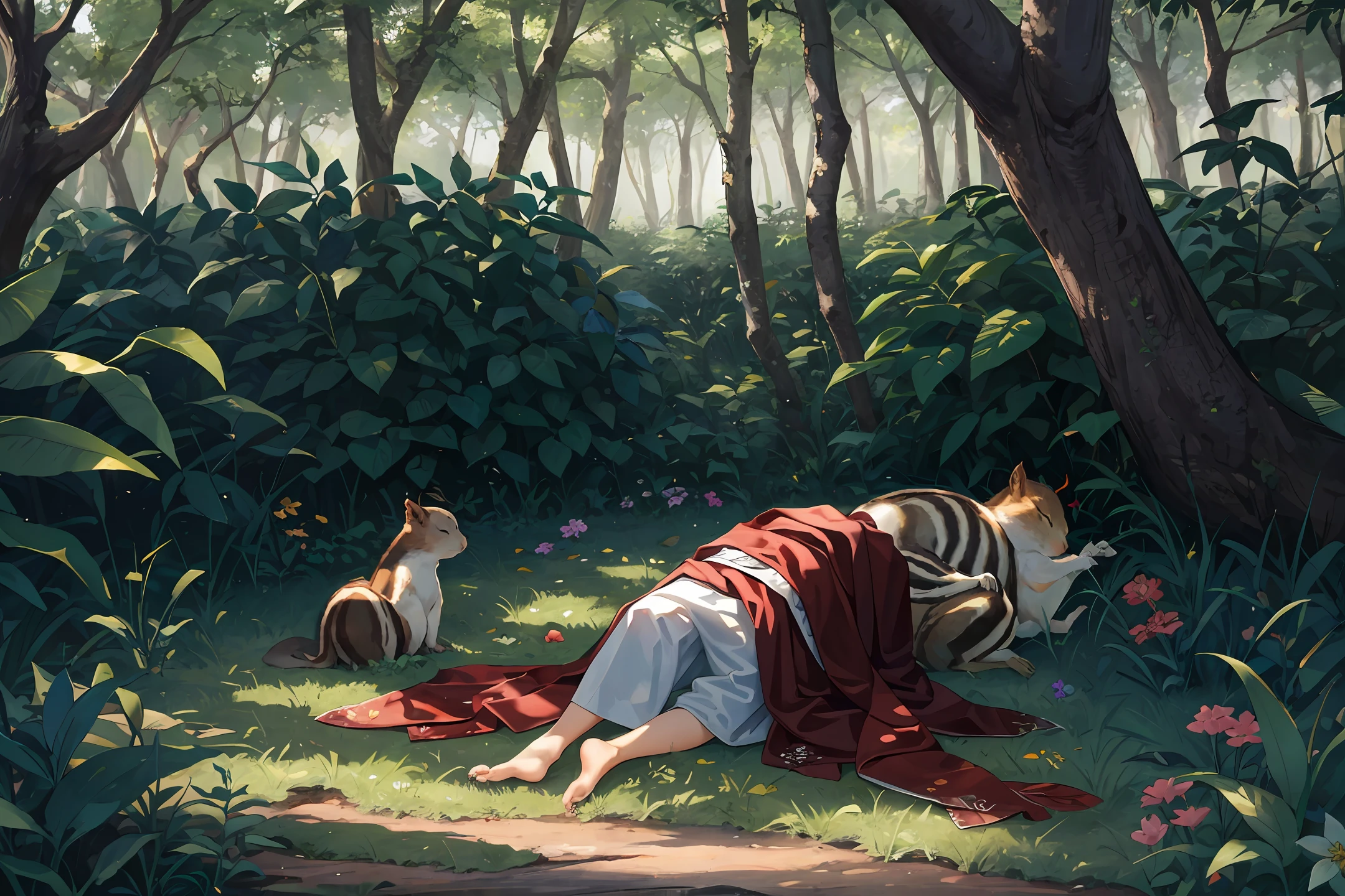 A dense wood, a male elf sleeping on the ground, a flower in the male elf's hair, a cute squirrel next to him is sleeping on the ground, the dense forest covers the brilliant sun, and a ray of sunlight shines on the ground through the gap between the trees.