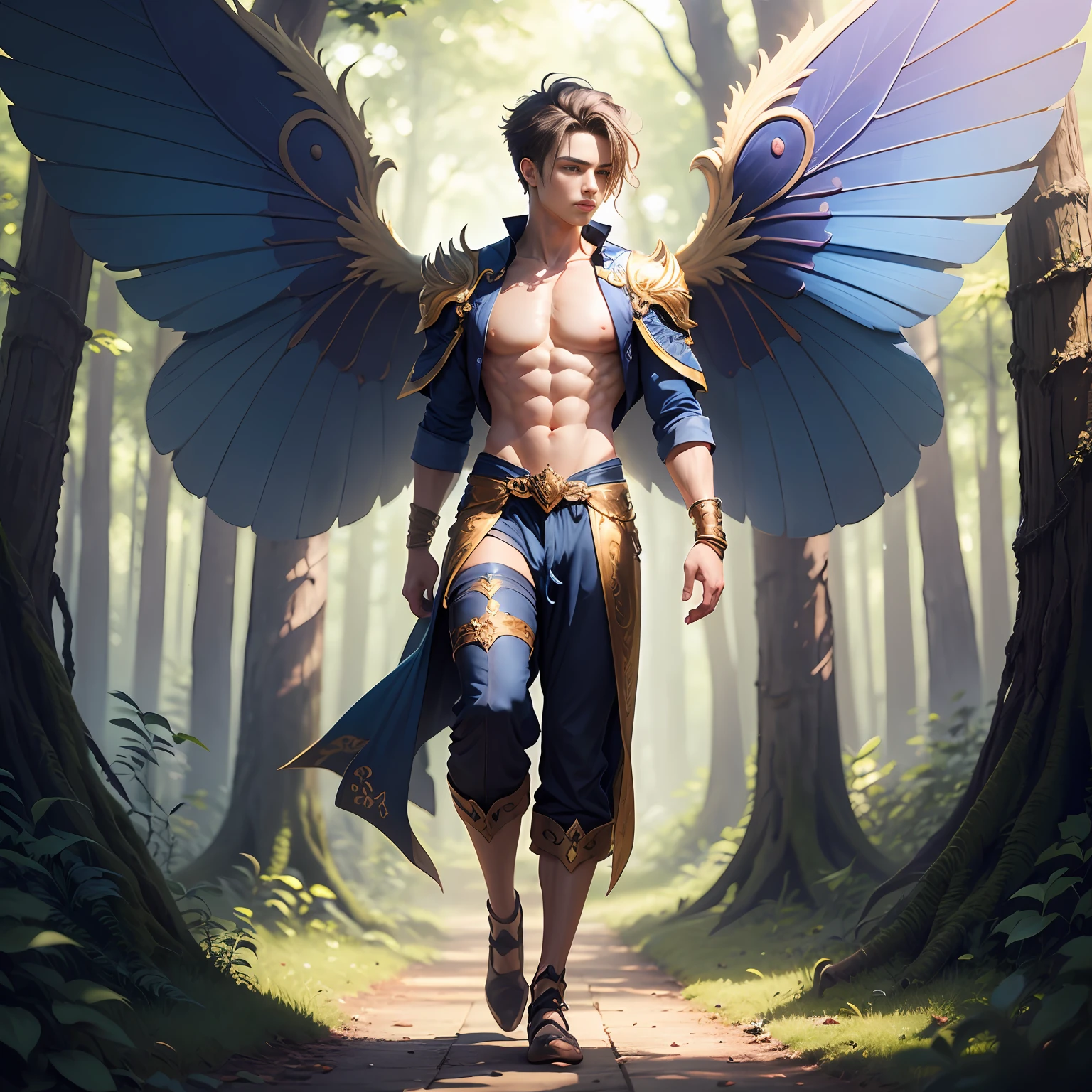 Cute male fairy with blue and gold details, large wings, full body, forest in the background, soft, delicate, symmetrical colors, male face, masterpiece, full body --auto