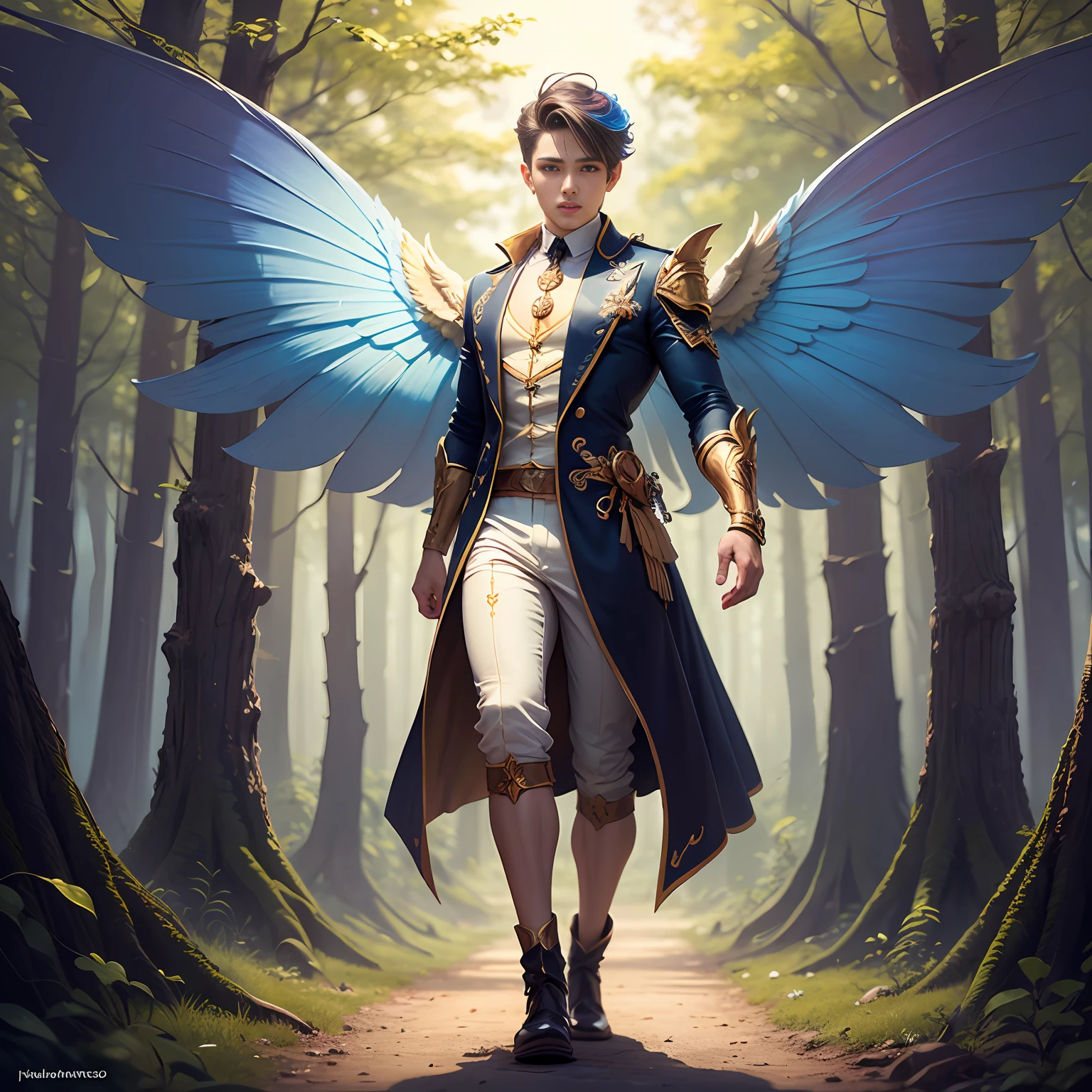 Cute male fairy with blue and gold details, large wings, full body, forest in the background, soft, delicate, symmetrical colors, male face, masterpiece, full body --auto