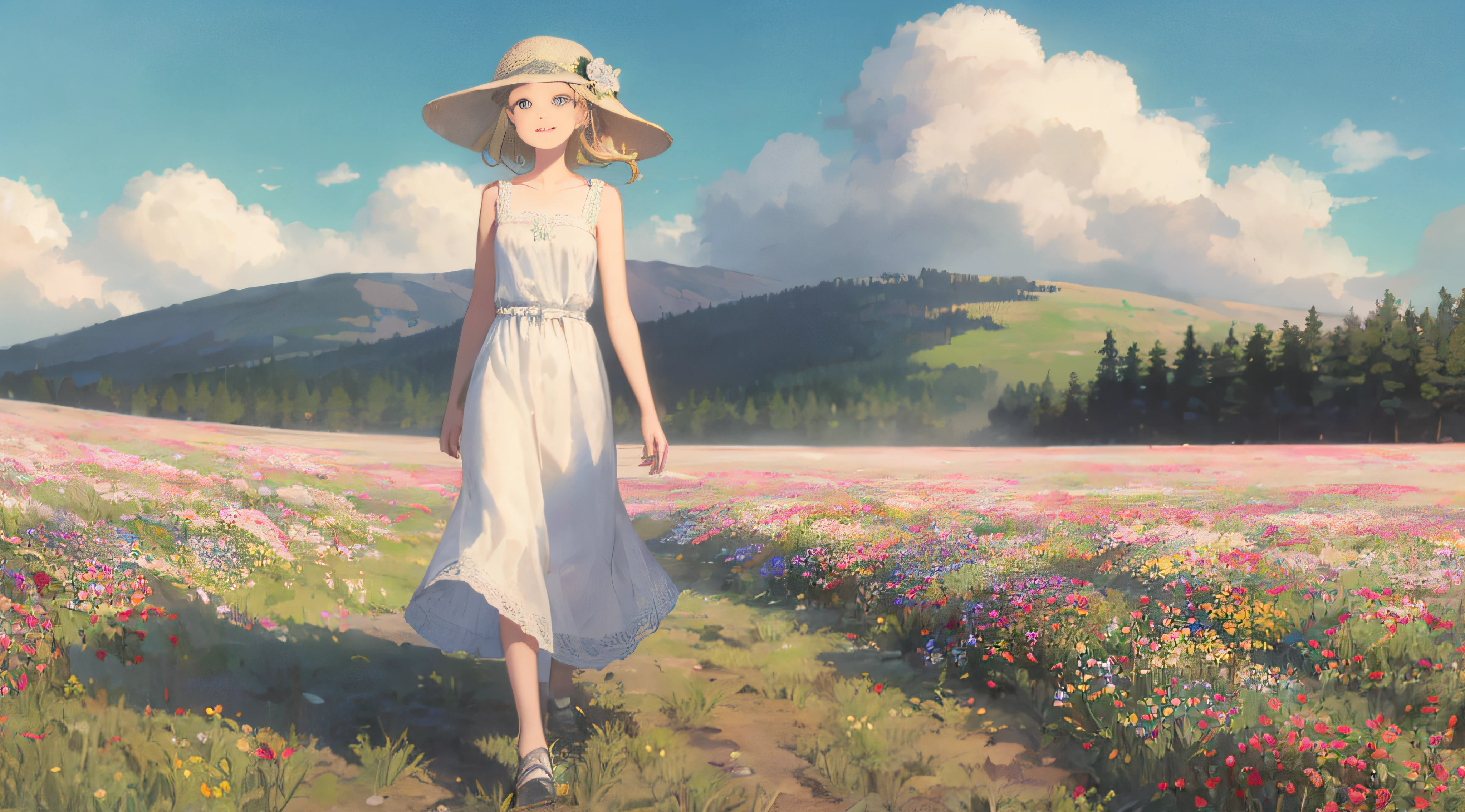 15 year old blonde girl, walking through meadow, flower field, white dress