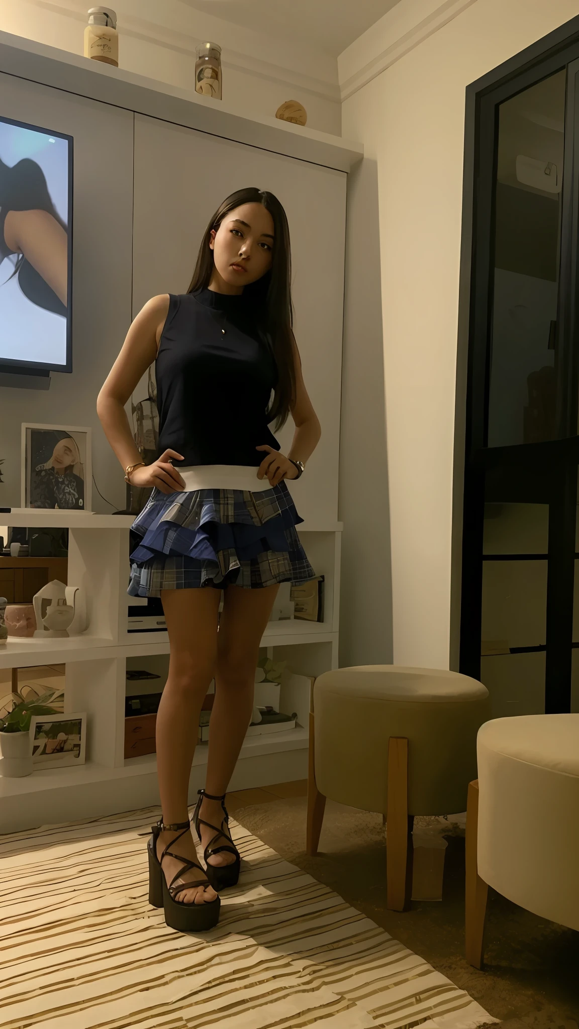 there is a woman standing in a living room with a television, extra short blue plaid skirt, short skirt, mini skirt, wearing skirt, in a glowing skirt, layered skirts, mini-skirt, plaid skirt, wearing honey - themed miniskirt, miniskirt, beautiful short skirt, wearing a tanktop and skirt, full body picture, a blue skirt