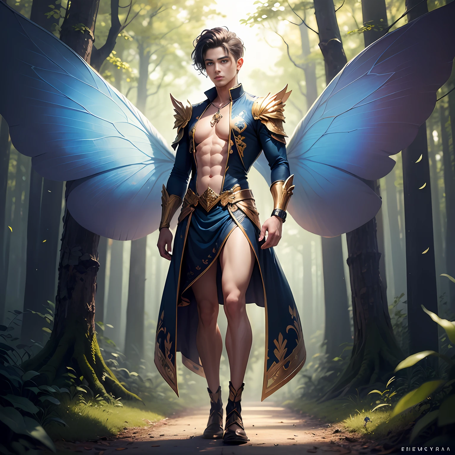 Cute male fairy with blue and gold details, large wings, full body, forest in the background, soft, delicate, symmetrical colors, male face, masterpiece, full body --auto