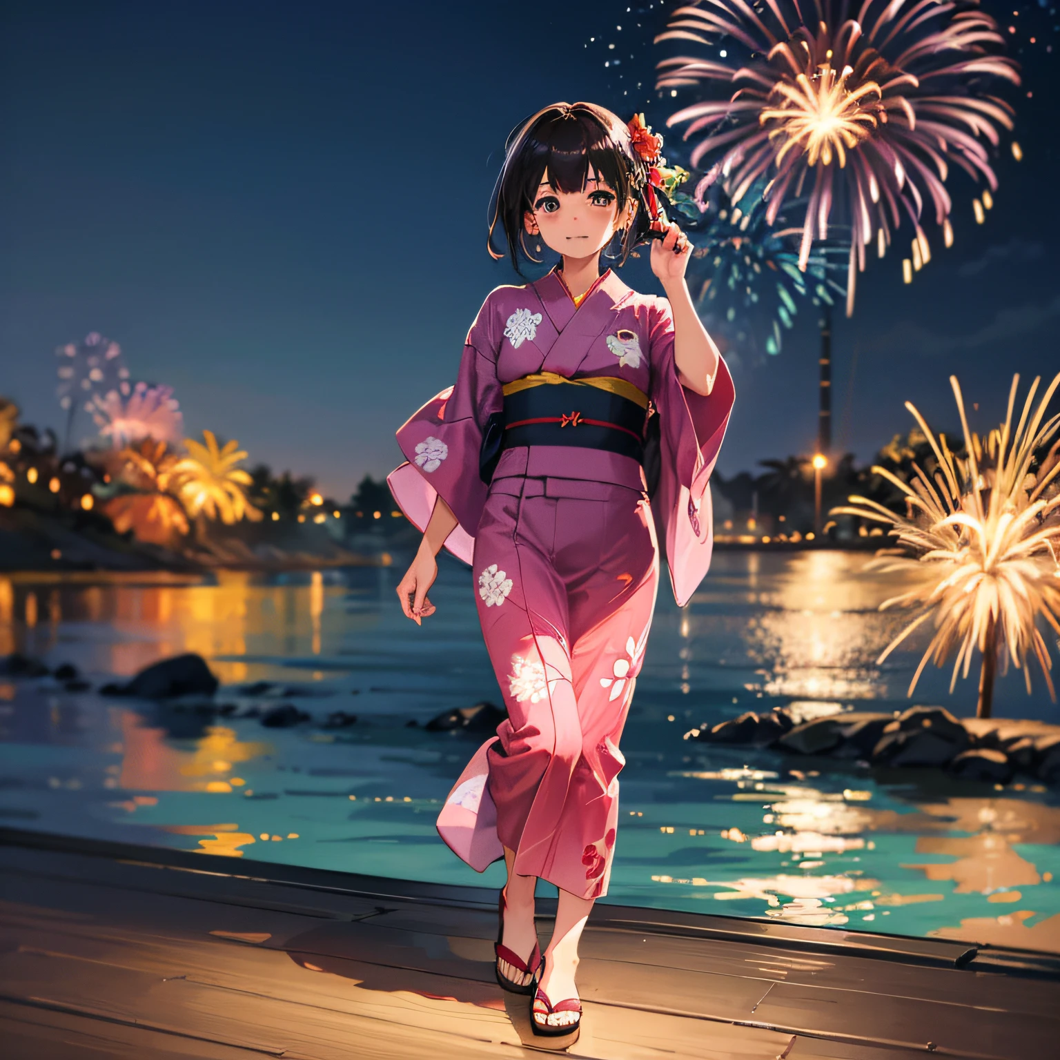 Yukata, full body, fireworks