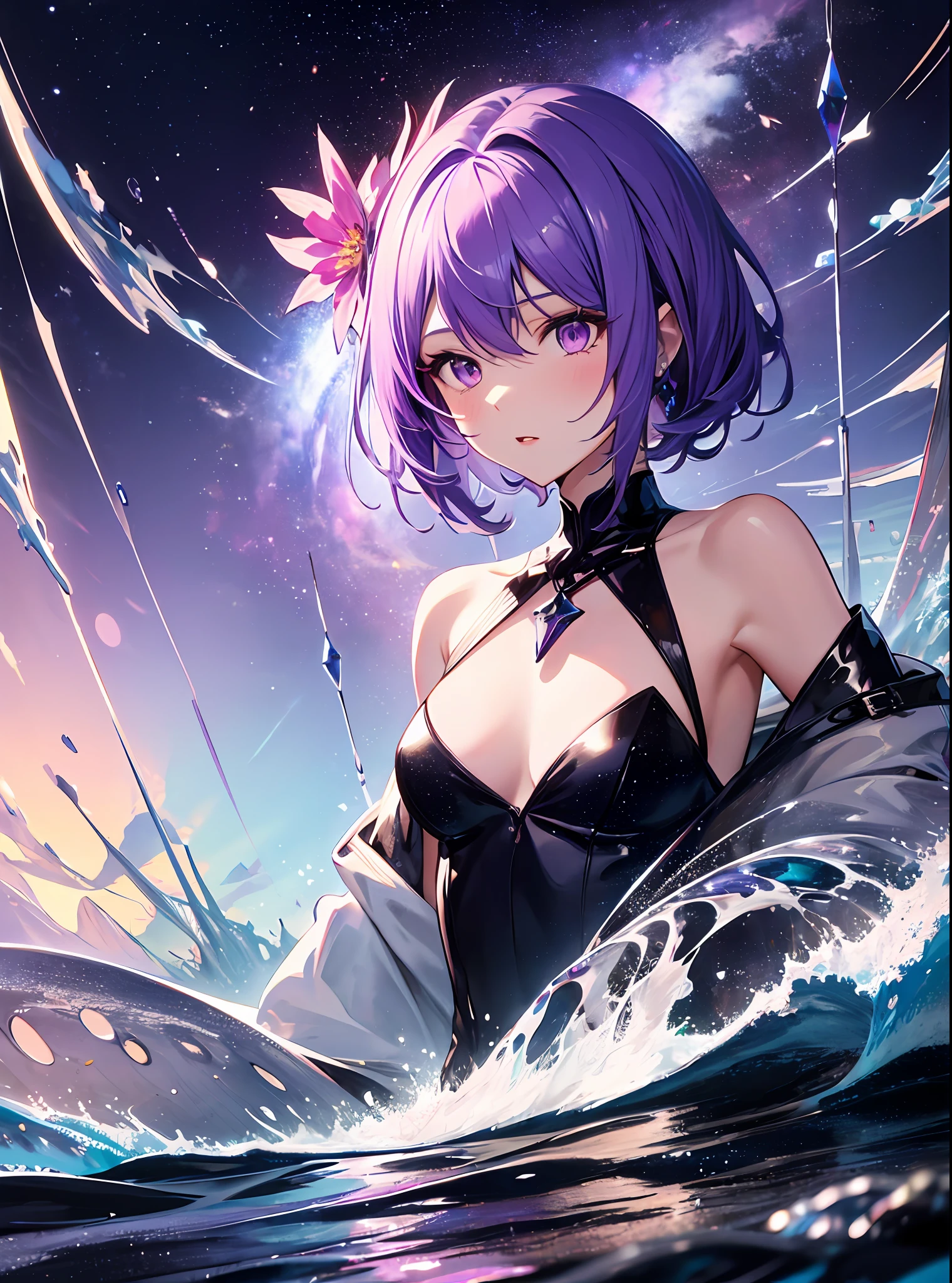 absurdity, high definition, (official art, beauty and aesthetics: 1.2),
1 girl, purple hair, middle hair, purple crystal eyes, shiny eyes,
purple sky, glittering galaxies, (Uyuni salt marsh: 1.2),
(Surrealism: 1.15), (fractal art: 0.3),
Water effect, ripple effect, (flower effect: 0.65), light effect, 8K wallpaper,