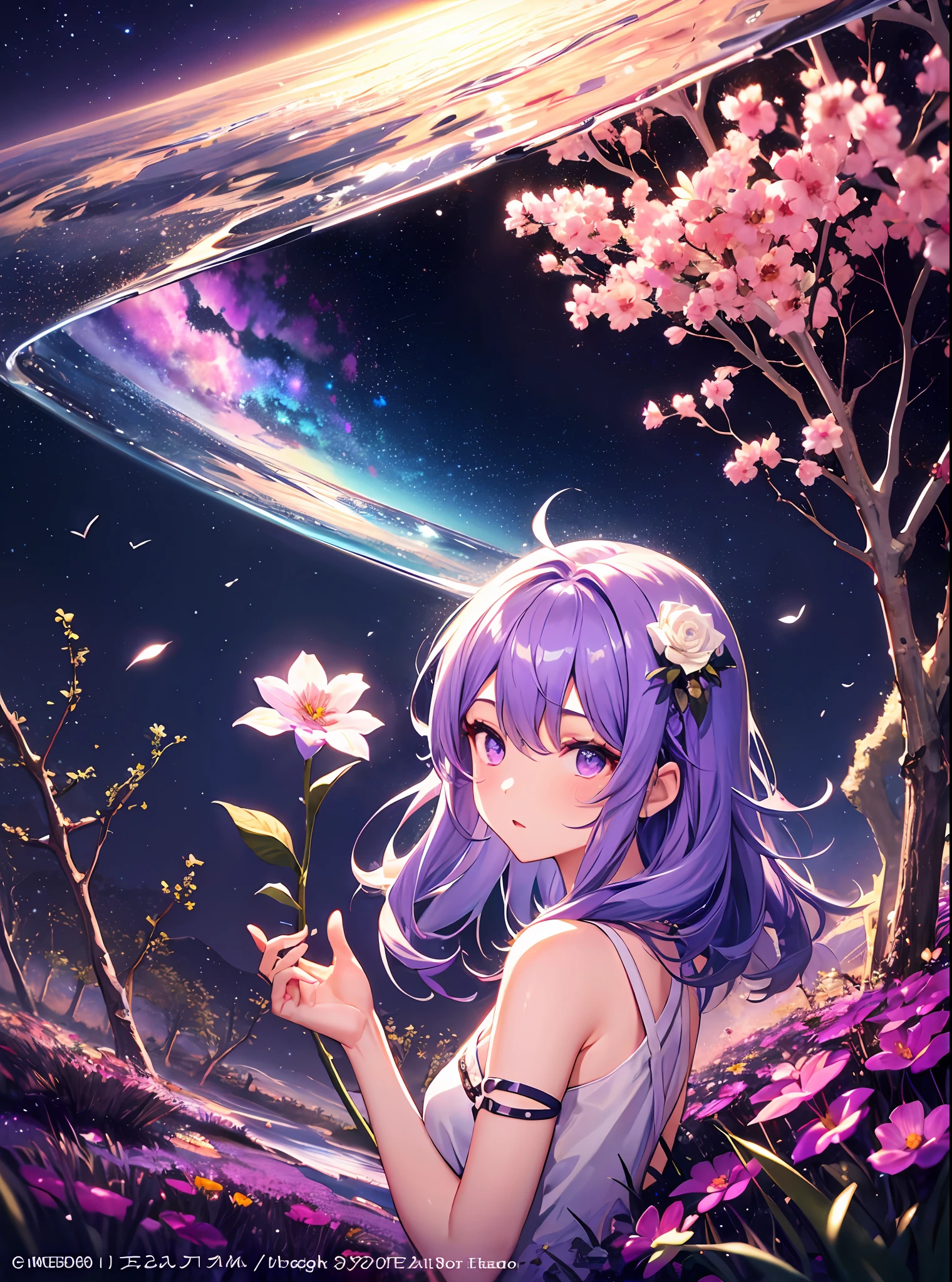 absurdity, high definition, (official art, beauty and aesthetics: 1.2),
1 girl, purple hair, middle hair, purple crystal eyes, shiny eyes,
purple sky, glittering galaxies, (Uyuni salt marsh: 1.2),
(Surrealism: 1.15), (fractal art: 0.3),
Water effect, ripple effect, (flower effect: 0.65), light effect, 8K wallpaper,