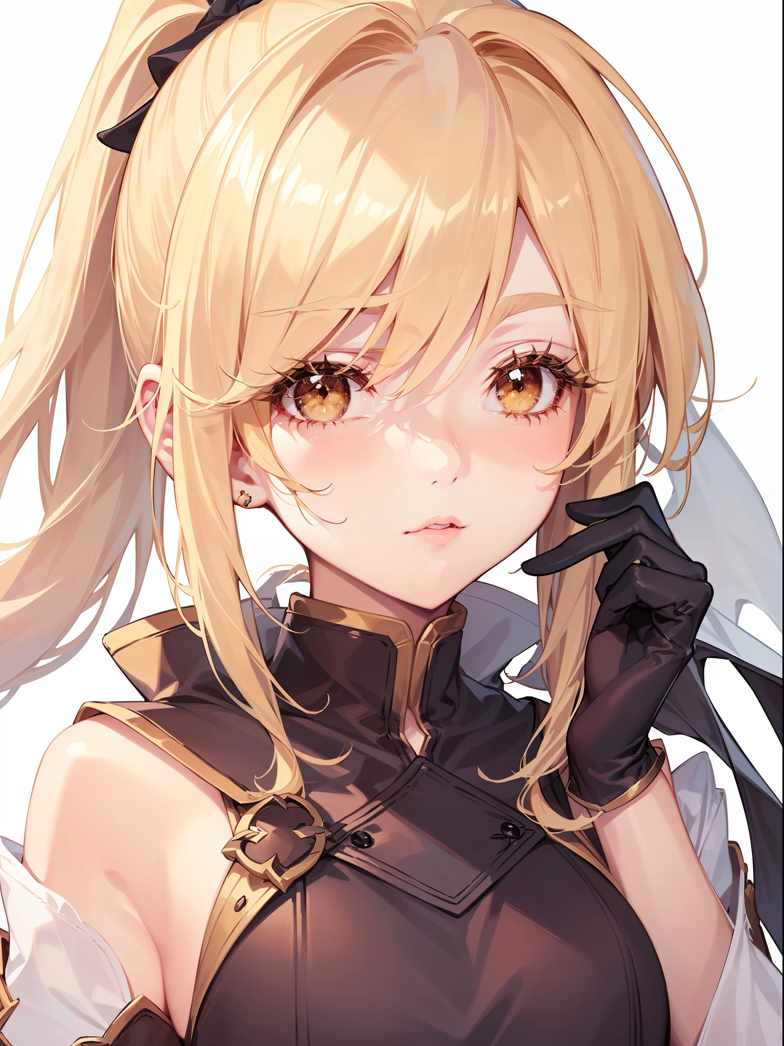 1girl,blonde hair,closed mouth,ponytail,elbow gloves,(simple background:1.6),(white background:1.7),(Cold face:1.3),(eyelashes:1.3),(blonde eyes:1.3),brown pupils,(big eyes:1.2),yellow eyes,