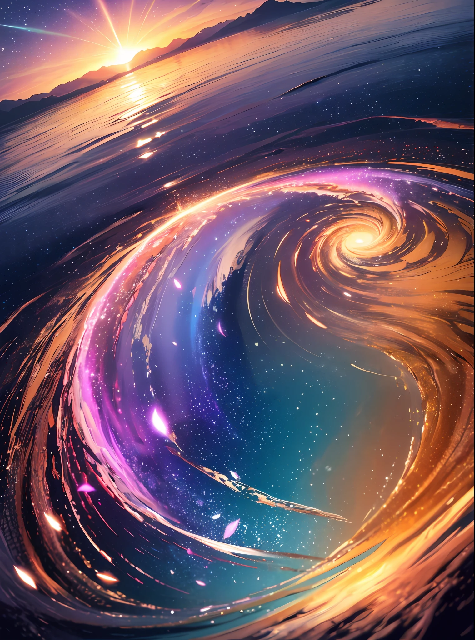 absurdity, high definition, (official art, beauty and aesthetics: 1.2),
1 girl, purple hair, middle hair, purple crystal eyes, shiny eyes,
purple sky, glittering galaxies, (Uyuni salt marsh: 1.2),
(Surrealism: 1.15), (fractal art: 0.3),
Water effect, ripple effect, (flower effect: 0.65), light effect, 8K wallpaper,