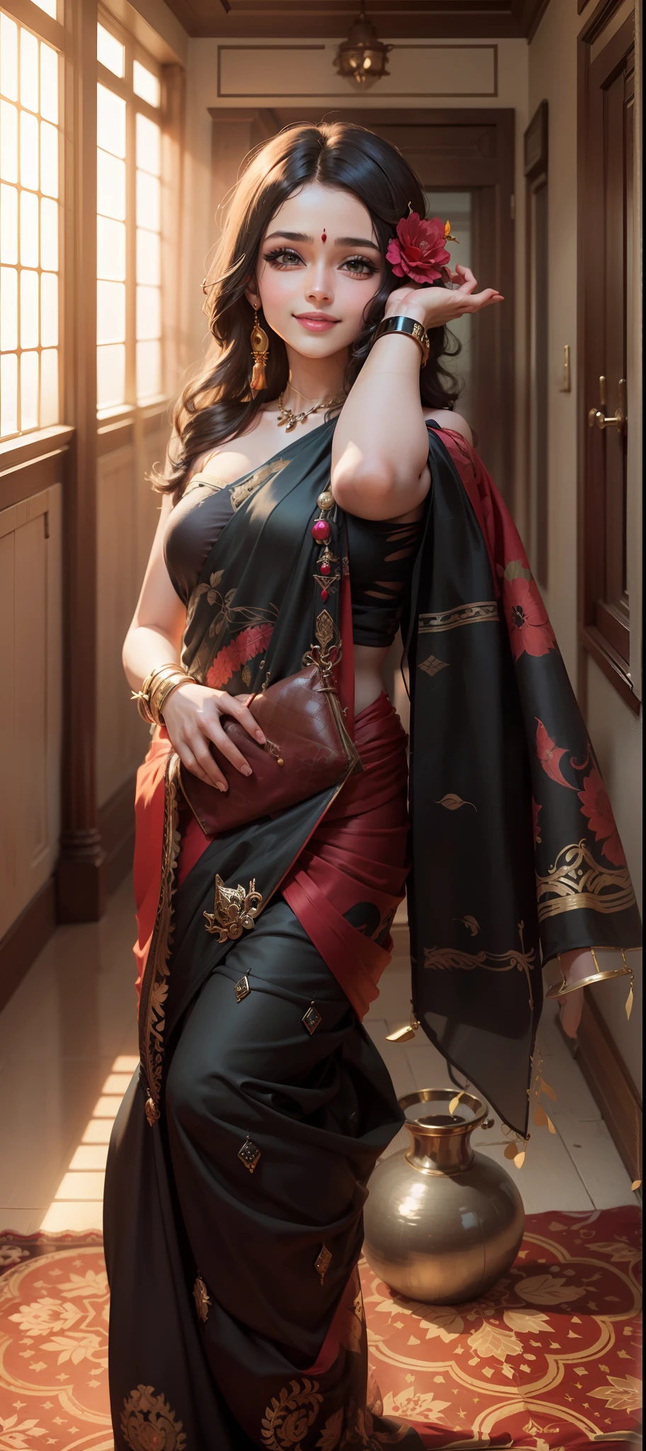 anime korian girl bright eye, gorgious , super realistic 8k. Black Sari. Full body coverd. Smiling