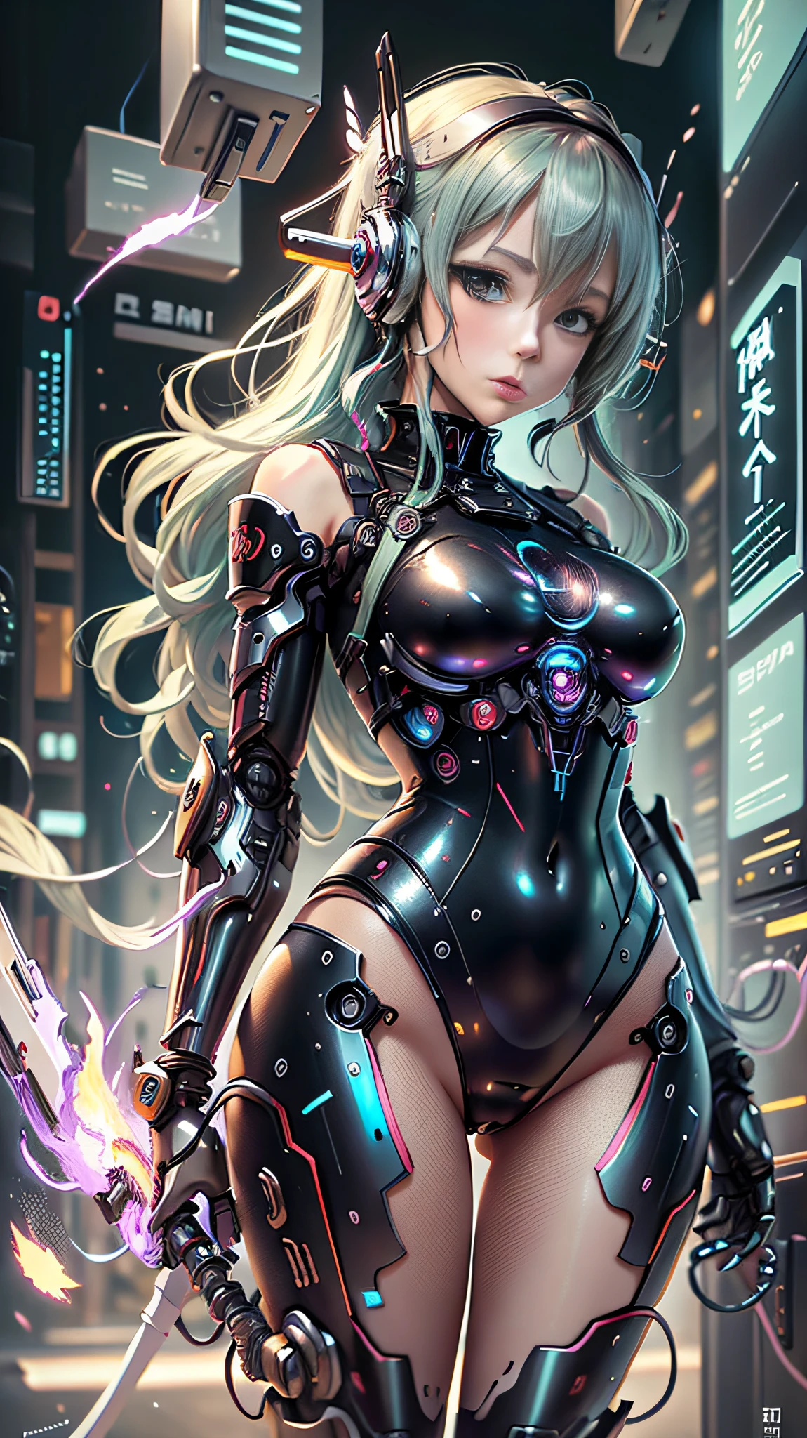 (((Masterpiece))), 1girl, super detailed, hyper-realistic face, (coquettish expression), futuristic mini dress, futuristic headphones, ((super cute face)), ((angelic face)), ((incredibly beautiful eyes)), (luminous yellow eyes), (full body), pink boots, (luminous multicolored hair), super sexy hair, (delicate and perfect hands), (perfect anatomy), super delicate and sexy body, sexy pose, ((ulzzang)), (super thin face), delicate features, ultra detailed, best quality, captivating beauty, sexy look, beautiful background of stars --auto