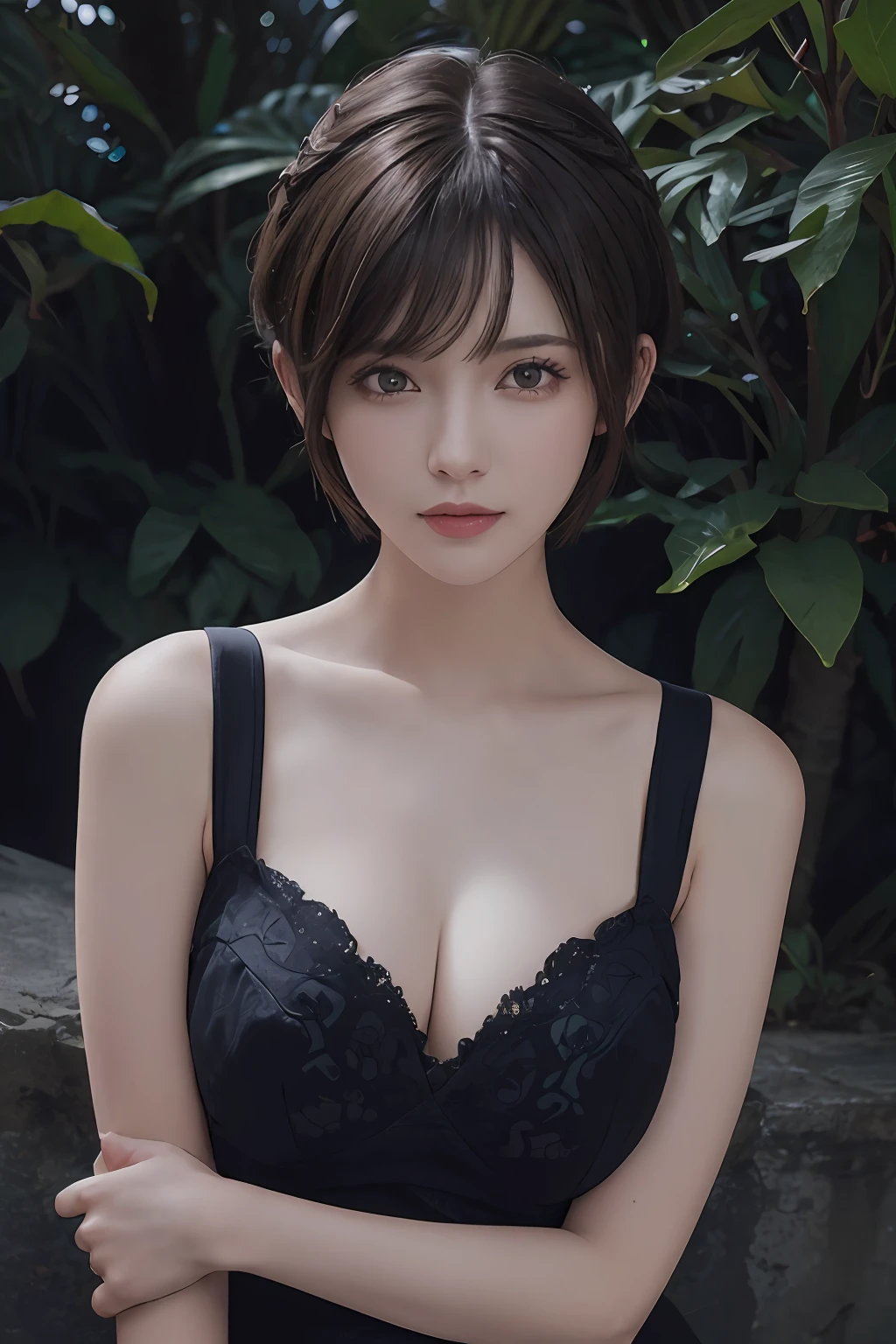 (8k、pfotorealistic、RAW Photography、sthe highest qualit: 1.4)、(1girl)、beautifulface、(realstic face)、(dark short hair、short haired:1.3)、Beautiful Hairstyle、realistic eye、Beautiful details、（realistic skin）、Beautiful skin、、Absurdres、irresistible、Ultra high Resolution、an ultra realistic、High Accuracy、the golden ratio、full body photos、（genshin、impact）、yae、miko、crystalfly、breasts