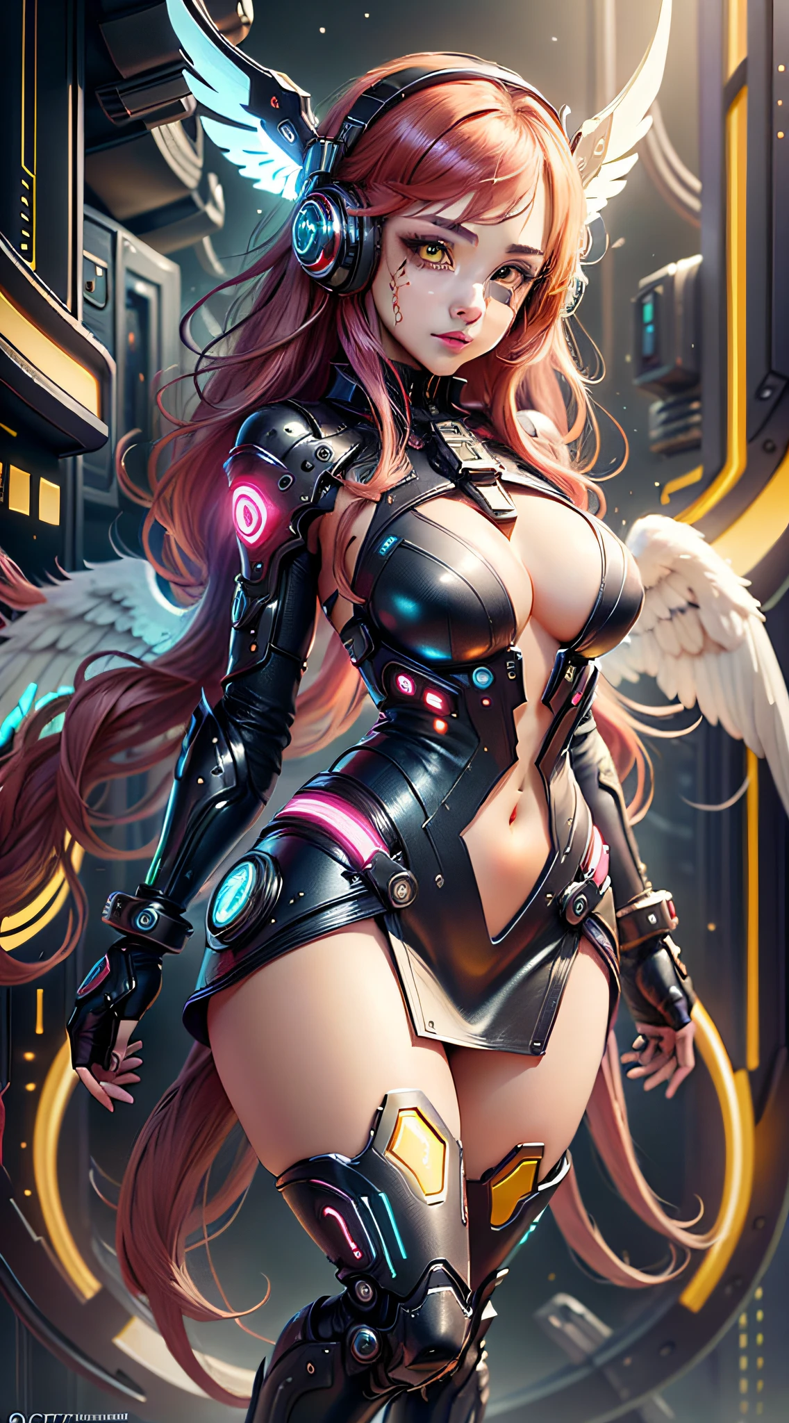 (((Masterpiece))), 1girl, super detailed, hyper-realistic face, (coquettish expression), futuristic mini dress, futuristic headphones, ((super cute face)), ((angelic face)), ((incredibly beautiful eyes)), (luminous yellow eyes), (full body), pink boots, (luminous multicolored hair), super sexy hair, (delicate and perfect hands), (perfect anatomy), super delicate and sexy body, sexy pose, ((ulzzang)), (super thin face), delicate features, ultra detailed, best quality, captivating beauty, sexy look, beautiful background of stars --auto