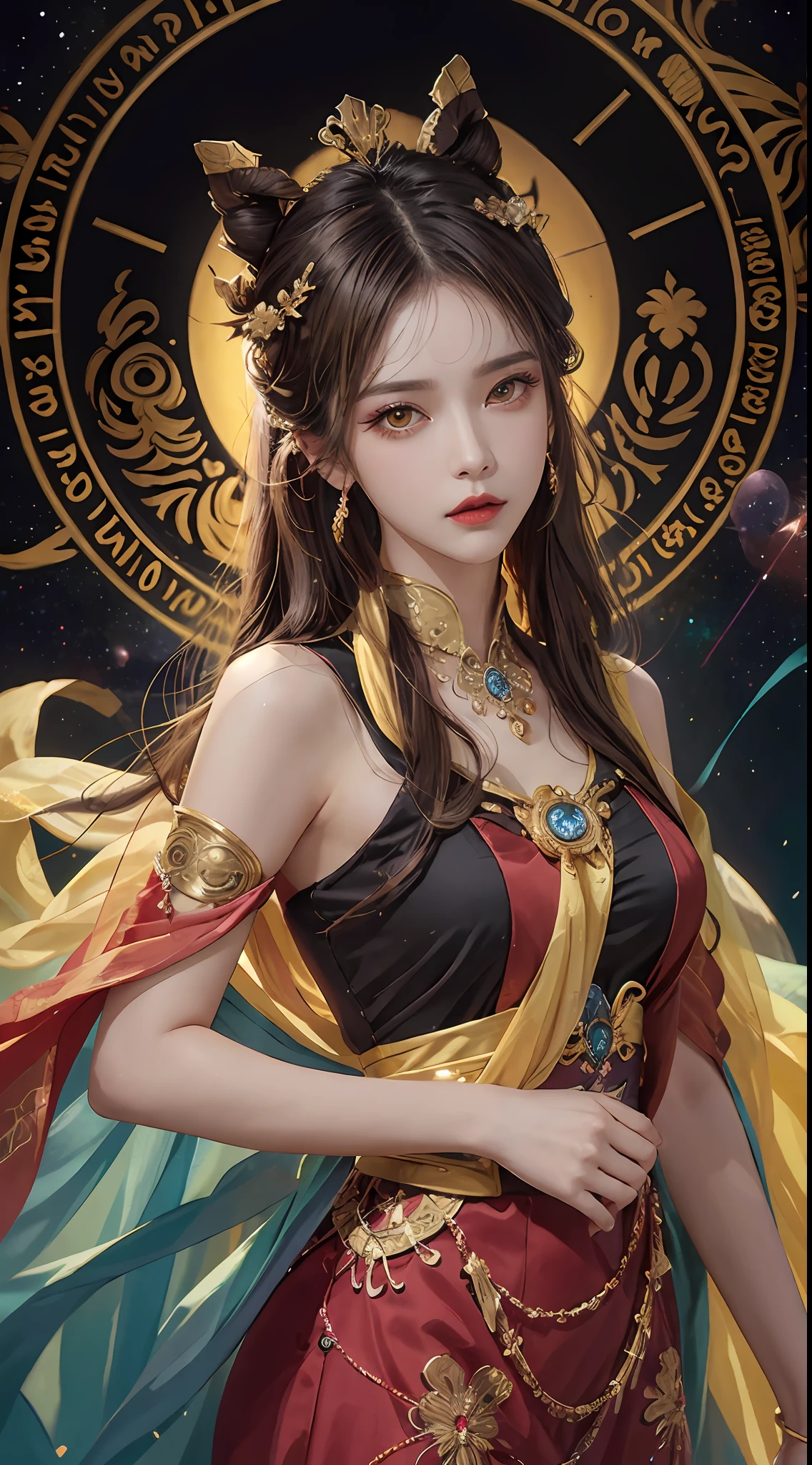 1 27-year-old girl, 1 zodiac goddess from the future, goddess of the pink and purple 12 zodiacs, the goddess of the zodiac in a yellow ao dai, a 12 zodiac ao dai with many black lace detail, mythology Goddess of the 12 zodiacs from the future, zodiac ♏, luxurious glittering zodiac style, dark and mysterious version, zodiac crown, lipstick lips red, thin and beautiful lips, Smile makes viewers fall in love, characters made by karol bak and pino daeni, intricate detail, detailed background, extremely detailed, light magic, a woman, clear face, look at the face of goddess zodialook at the zodiac goddess face, hair long with bangs, beautiful face in detail and well-proportioned eyes, (transparent yellow eyes: 1.8), big round eyes and very beautiful and detailed makeup, foresight, silk dress, mysterious makeup, double bangs and dyed light blonde, uper body, zodiac goddess uper body, arms hanging loosely, Realistic and vivid photo, (stars make up the zodiac: 1.7), (sky background zodiac and fictitious space and time portal: 1.8), fiction art, RAW photo, hanfu picture, best photo, best photo quality, 8k quality, 8k ultra, super realistic, real photo most economical, artistic portrait of goddess zodiac,