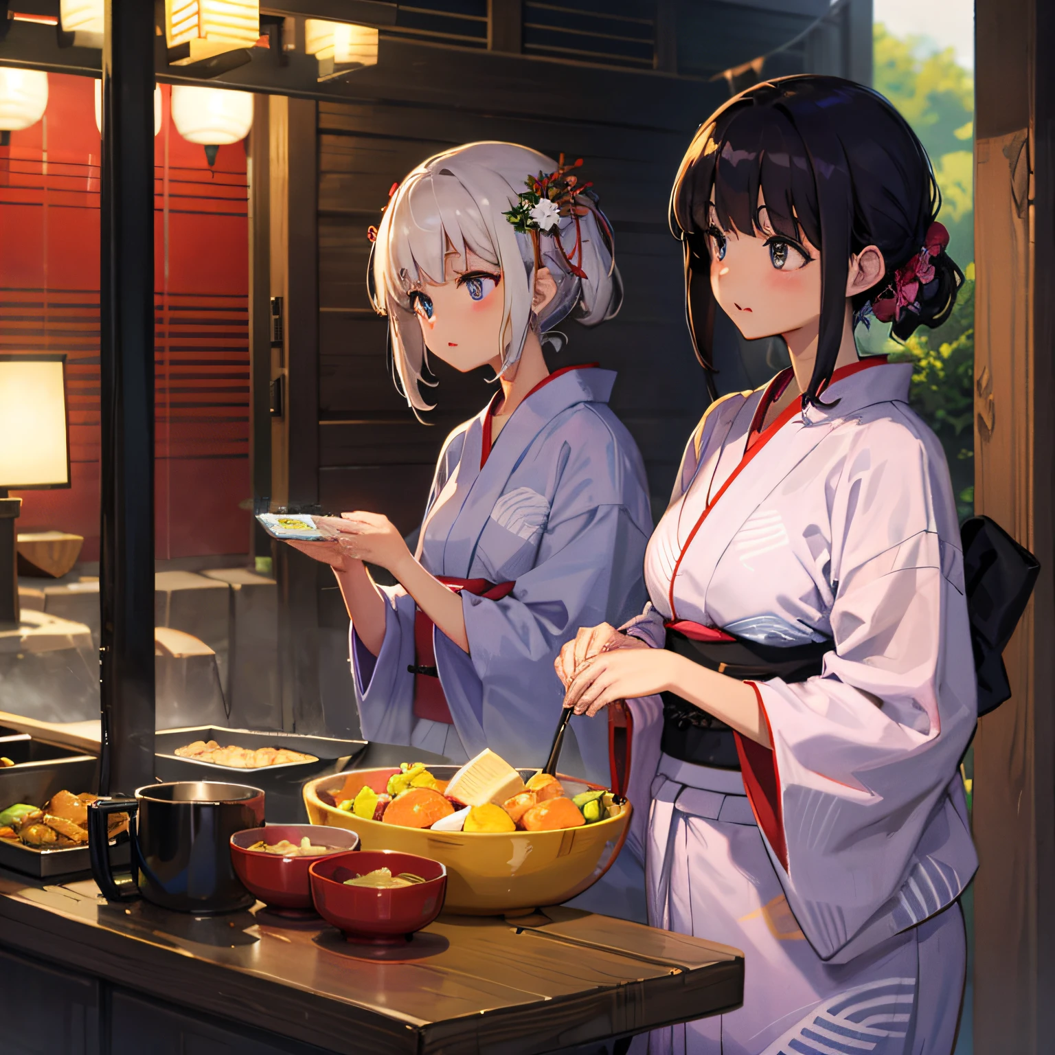 anime characters in kimono robes standing in front of a counter, cooking, anime style 4 k, kantai collection style, guweiz on pixiv artstation, wlop and sakimichan, anime food, high detailed official artwork, official artwork, artwork in the style of guweiz, guweiz on artstation pixiv, wearing simple robes