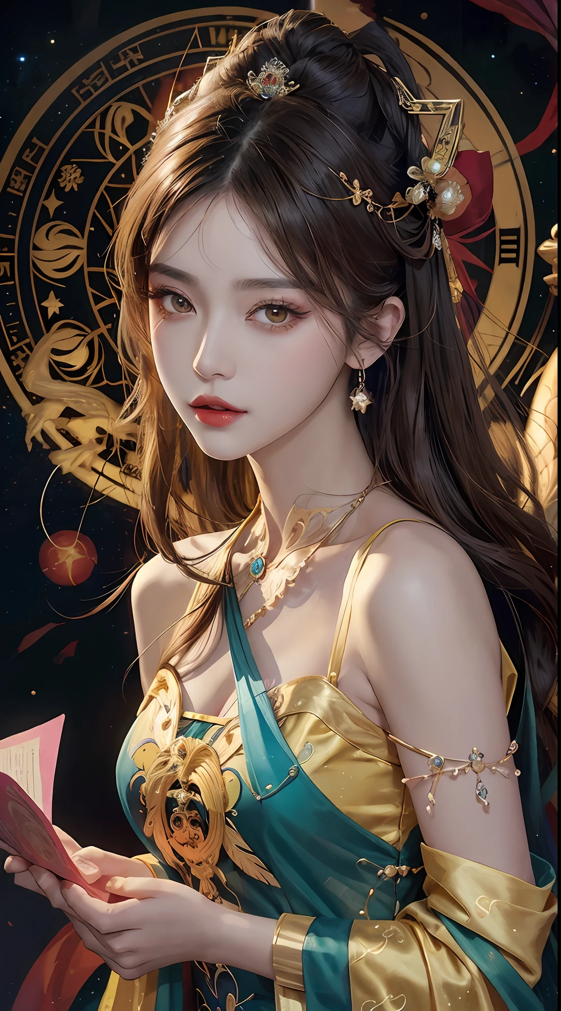 1 27-year-old girl, 1 zodiac goddess from the future, goddess of the pink and purple 12 zodiacs, the goddess of the zodiac in a yellow ao dai, a 12 zodiac ao dai with many black lace detail, mythology Goddess of the 12 zodiacs from the future, zodiac ♏, luxurious glittering zodiac style, dark and mysterious version, zodiac crown, lipstick lips red, thin and beautiful lips, Smile makes viewers fall in love, characters made by karol bak and pino daeni, intricate detail, detailed background, extremely detailed, light magic, a woman, clear face, look at the face of goddess zodialook at the zodiac goddess face, hair long with bangs, beautiful face in detail and well-proportioned eyes, (transparent yellow eyes: 1.8), big round eyes and very beautiful and detailed makeup, foresight, silk dress, mysterious makeup, double bangs and dyed light blonde, uper body, zodiac goddess uper body, arms hanging loosely, Realistic and vivid photo, (stars make up the zodiac: 1.7), (sky background zodiac and fictitious space and time portal: 1.8), fiction art, RAW photo, hanfu picture, best photo, best photo quality, 8k quality, 8k ultra, super realistic, real photo most economical, artistic portrait of goddess zodiac,