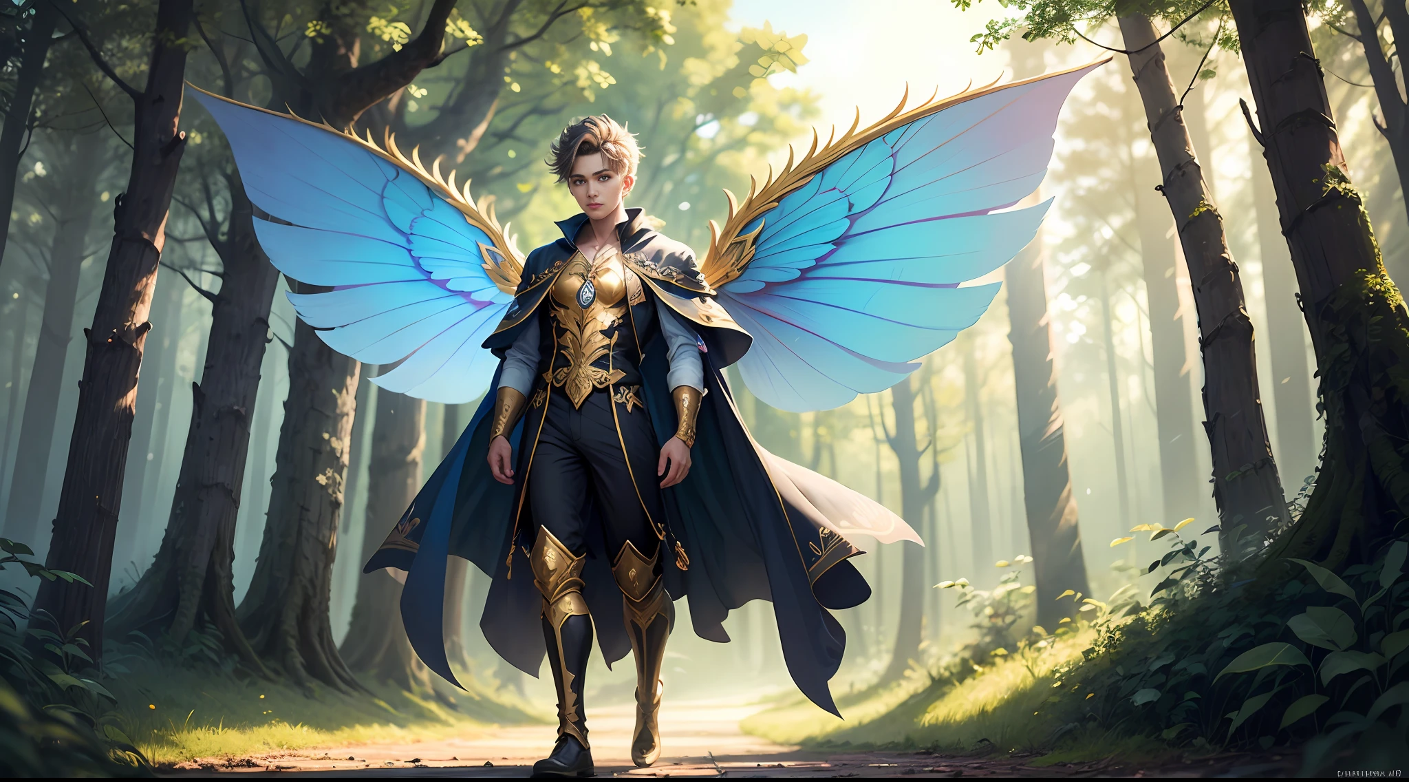 Cute male fairy with blue and gold details, large wings, full body, forest in the background, soft, delicate, symmetrical colors, male face, masterpiece, full body --auto