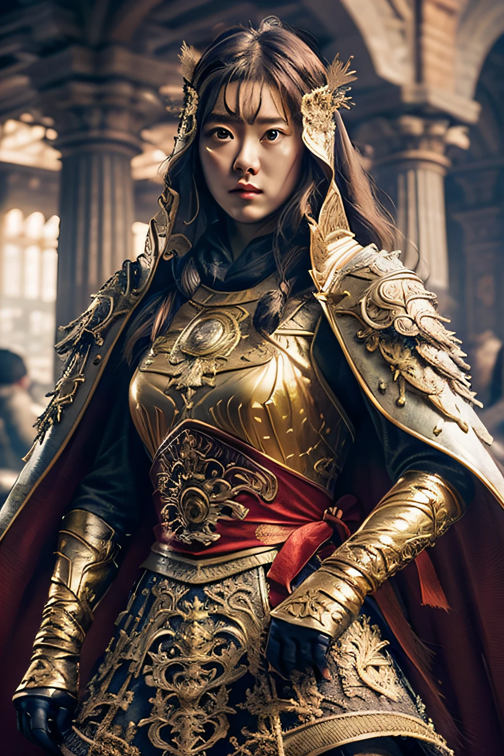 ((masterpiece))), (((best quality))), ((ultra-detailed)), (hyperrealistic), (highly detailed CG illustration), cinematic light, photorealistic ,extremely beautiful young lady, light makeup, big breast, intricate detailed eaba, red cape, spear