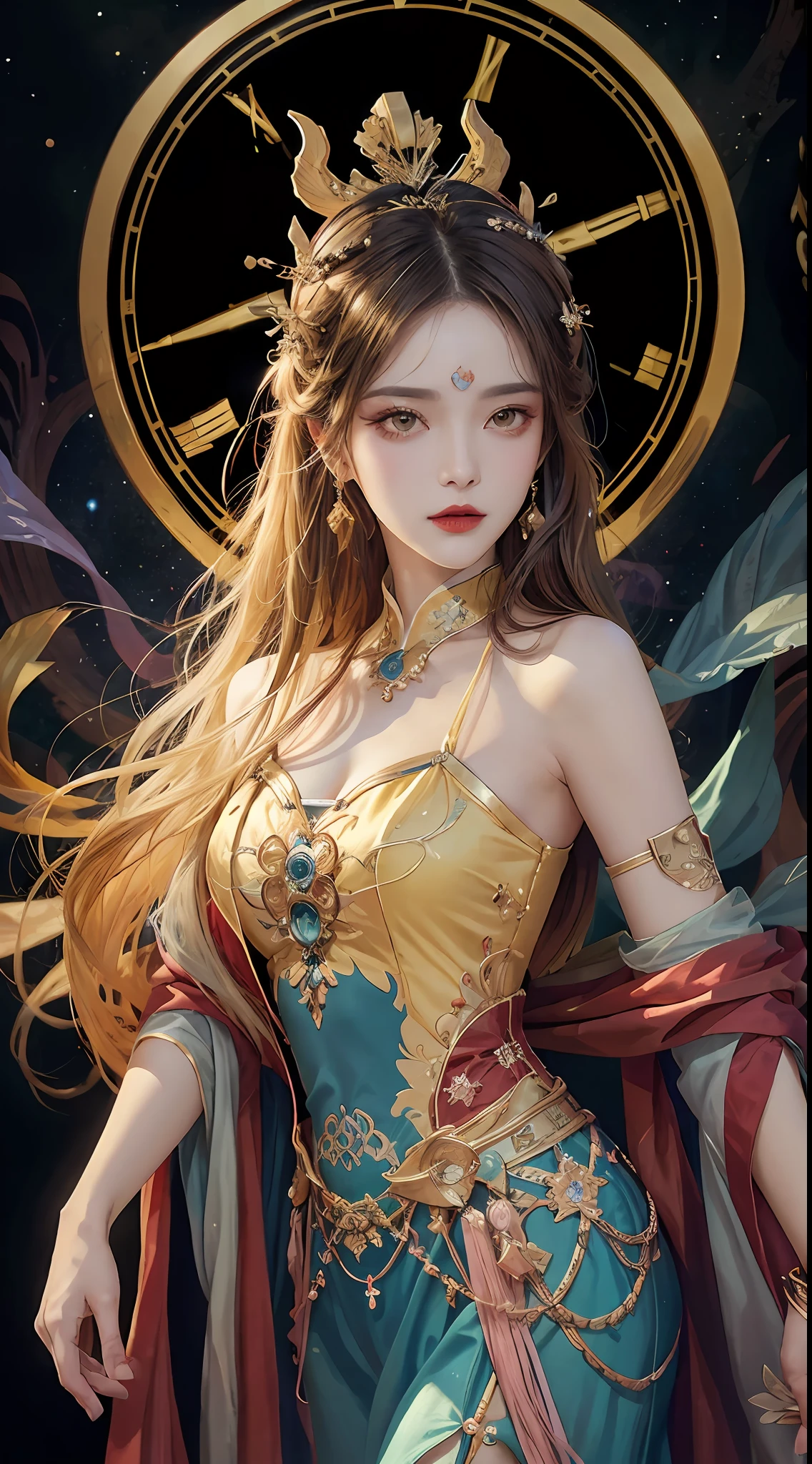 1 27-year-old girl, 1 zodiac goddess from the future, goddess of the pink and purple 12 zodiacs, the goddess of the zodiac in a yellow ao dai, a 12 zodiac ao dai with many black lace detail, mythology Goddess of the 12 zodiacs from the future, zodiac ♏, luxurious glittering zodiac style, dark and mysterious version, zodiac crown, lipstick lips red, thin and beautiful lips, Smile makes viewers fall in love, characters made by karol bak and pino daeni, intricate detail, detailed background, extremely detailed, light magic, a woman, clear face, look at the face of goddess zodialook at the zodiac goddess face, hair long with bangs, beautiful face in detail and well-proportioned eyes, (transparent yellow eyes: 1.8), big round eyes and very beautiful and detailed makeup, foresight, silk dress, mysterious makeup, double bangs and dyed light blonde, uper body, zodiac goddess uper body, arms hanging loosely, Realistic and vivid photo, (stars make up the zodiac: 1.7), (sky background zodiac and fictitious space and time portal: 1.8), fiction art, RAW photo, hanfu picture, best photo, best photo quality, 8k quality, 8k ultra, super realistic, real photo most economical, artistic portrait of goddess zodiac,
