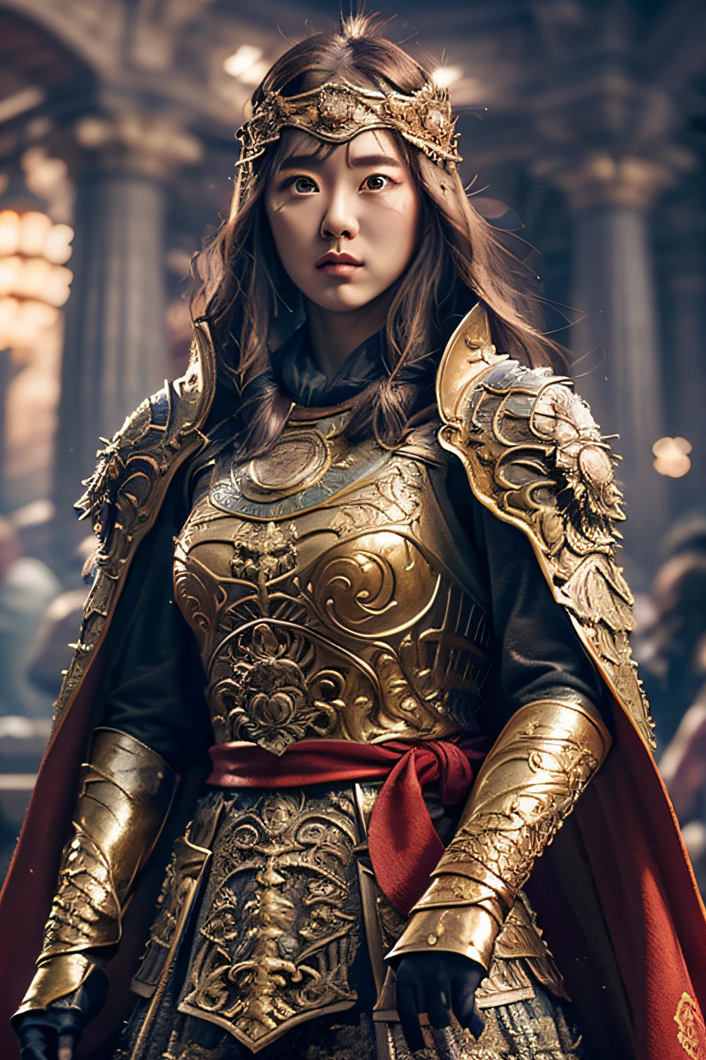 ((masterpiece))), (((best quality))), ((ultra-detailed)), (hyperrealistic), (highly detailed CG illustration), cinematic light, photorealistic ,extremely beautiful young lady, light makeup, big breast, intricate detailed eaba, red cape, spear