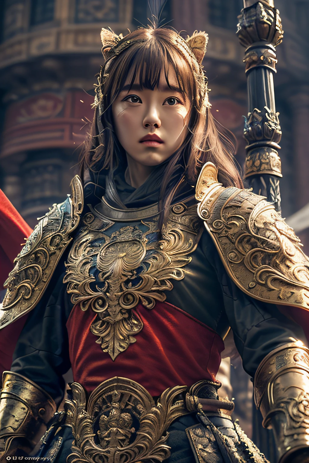 ((masterpiece))), (((best quality))), ((ultra-detailed)), (hyperrealistic), (highly detailed CG illustration), cinematic light, photorealistic ,extremely beautiful young lady, light makeup, big breast, intricate detailed eaba, red cape, spear