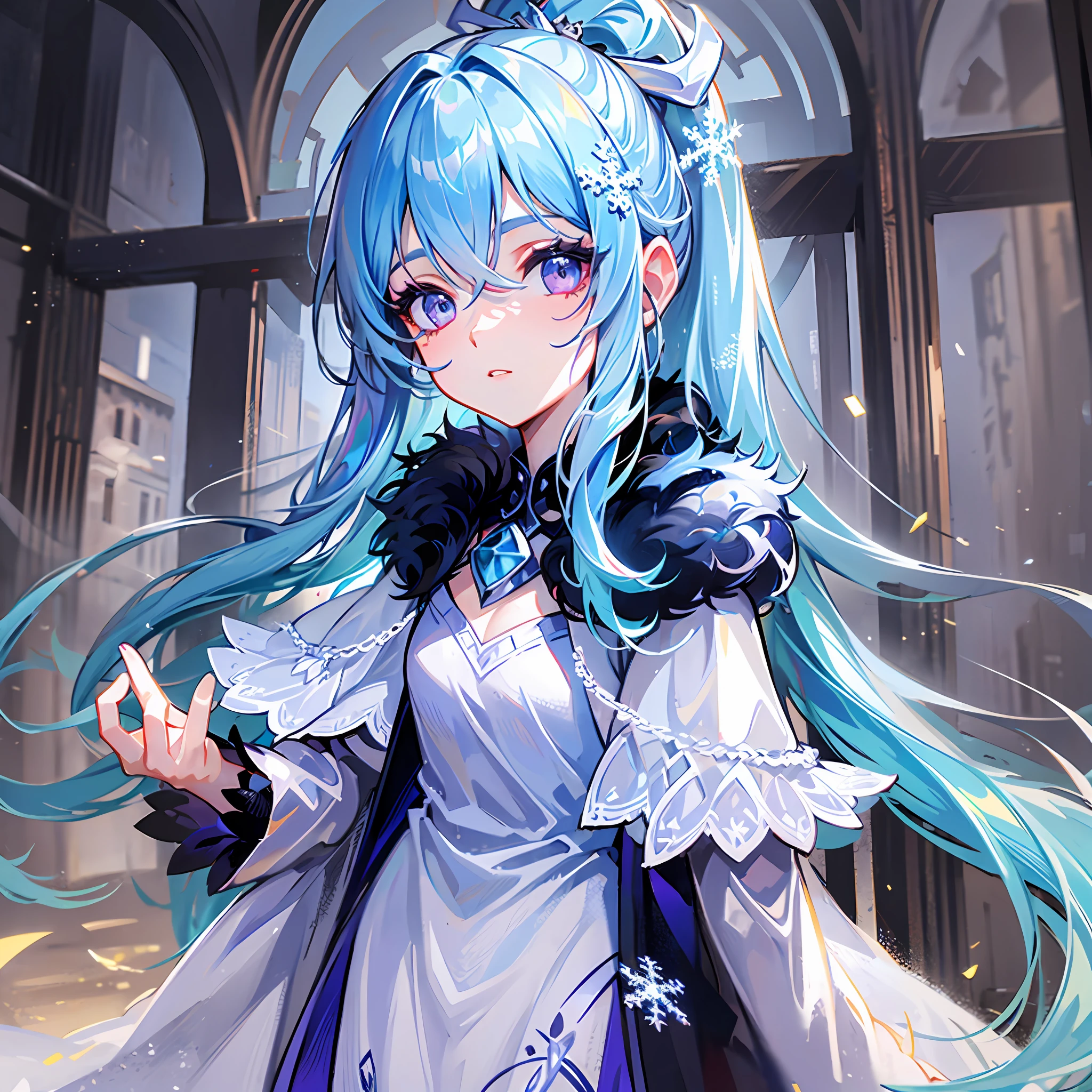((light blue)) long hair, purple eyes, (blue and white) gorgeous long dress, god of ice and snow, (ponytail), girl, (with a snowflake mark at the center of the eyebrow), light blue hair