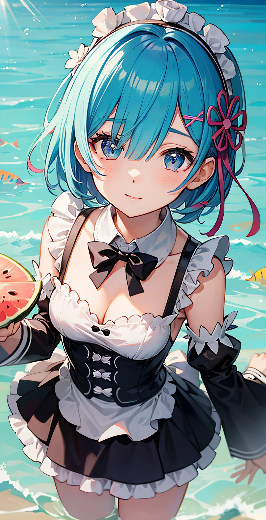 masterpiece, best quality;1.3), ultra detailed, ooking at viewer, rem_re_zero, Facial close-up,blue hair, short hair, maid uniform, hair ornament, cleavage, maid headdress, detached sleeves, masterpiece, top quality, best quality, 1  girl, swimsuit party, in the water,fish,watermelon,cute style, perfect structure, summer theme，