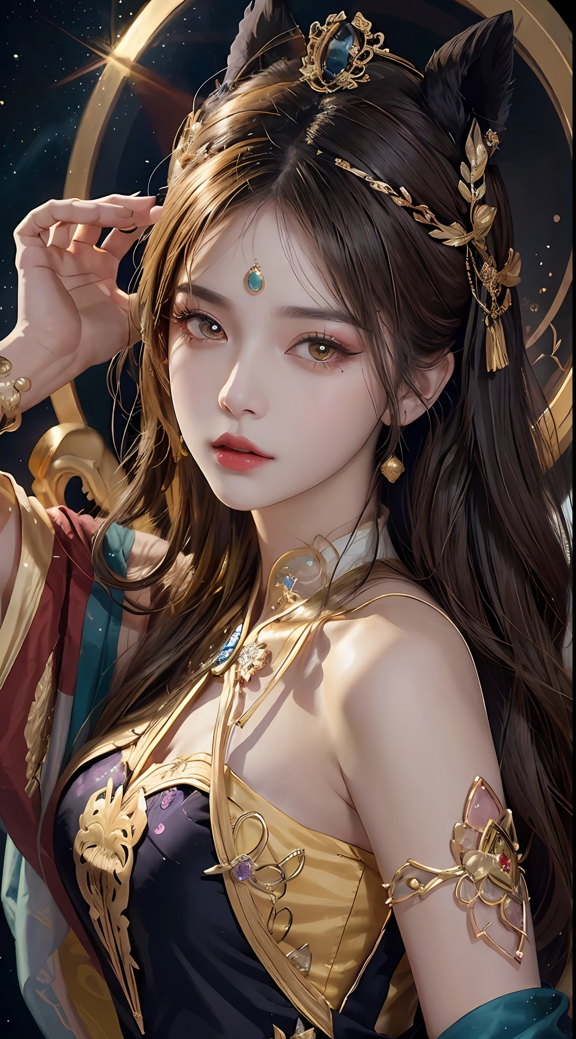 1 27-year-old girl, 1 zodiac goddess from the future, goddess of the pink and purple 12 zodiacs, the goddess of the zodiac in a yellow ao dai, a 12 zodiac ao dai with many black lace detail, mythology Goddess of the 12 zodiacs from the future, zodiac ♏, luxurious glittering zodiac style, dark and mysterious version, zodiac crown, lipstick lips red, thin and beautiful lips, Smile makes viewers fall in love, characters made by karol bak and pino daeni, intricate detail, detailed background, extremely detailed, light magic, a woman, clear face, look at the face of goddess zodialook at the zodiac goddess face, hair long with bangs, beautiful face in detail and well-proportioned eyes, (transparent yellow eyes: 1.8), big round eyes and very beautiful and detailed makeup, foresight, silk dress, mysterious makeup, double bangs and dyed light blonde, uper body, zodiac goddess uper body, arms hanging loosely, Realistic and vivid photo, (stars make up the zodiac: 1.7), (sky background zodiac and fictitious space and time portal: 1.8), fiction art, RAW photo, hanfu picture, best photo, best photo quality, 8k quality, 8k ultra, super realistic, real photo most economical, artistic portrait of goddess zodiac,