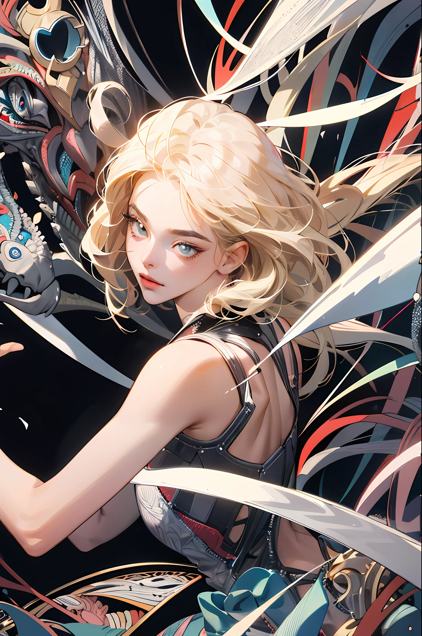 absurd, high resolution, super detailed, 1girl, solo, extremely detailed eyes, ultra-precise depiction, ultra-detailed depiction, (zentangle:1.2), (dynamic pose), (abstract background: 1.5), (triple dress: 1.2), short platinum blonde, (shiny skin), multiple colors, back