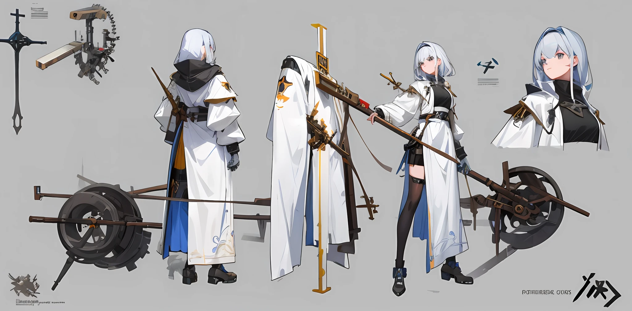 A girl holds a huge mechanical cross staff, mechanical prosthetic legs,