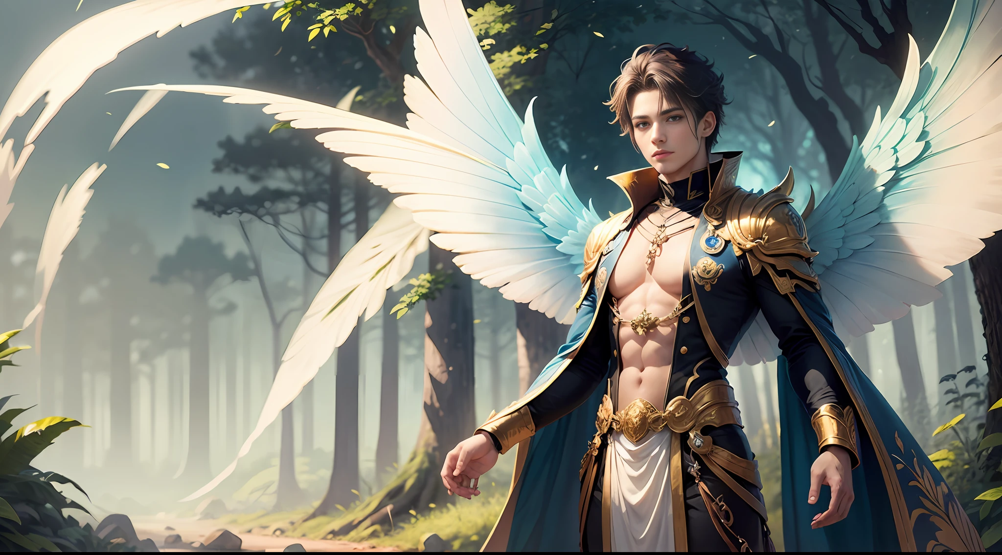 Cute male fairy with blue and gold details, large wings, full body, forest in the background, soft, delicate, symmetrical colors, male face, masterpiece, full body --auto
