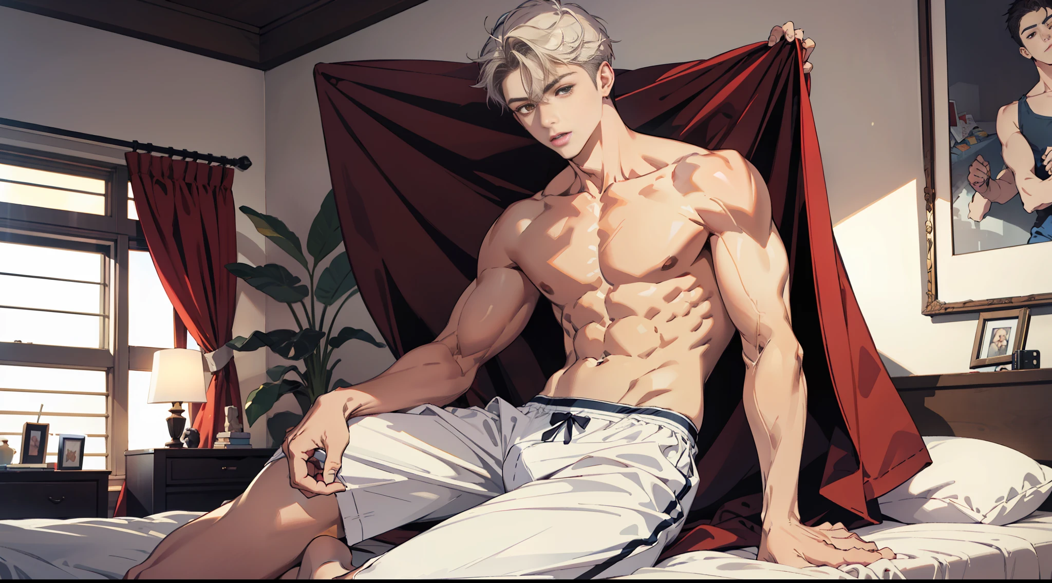 man in white underwear sitting on a bed with a red blanket, twink, , teen boy, hame pale, mature, muscular young man, smooth red skin, very smooth, anton, teenage boy, dylan cole, white skirt and barechest, well proportioned,