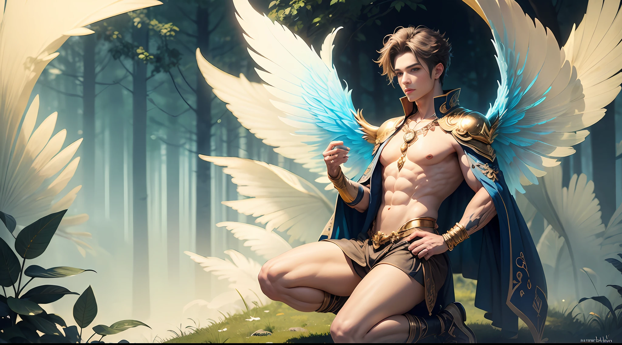 Cute male fairy with blue and gold details, large wings, full body, forest in the background, soft, delicate, symmetrical colors, male face, masterpiece, full body --auto