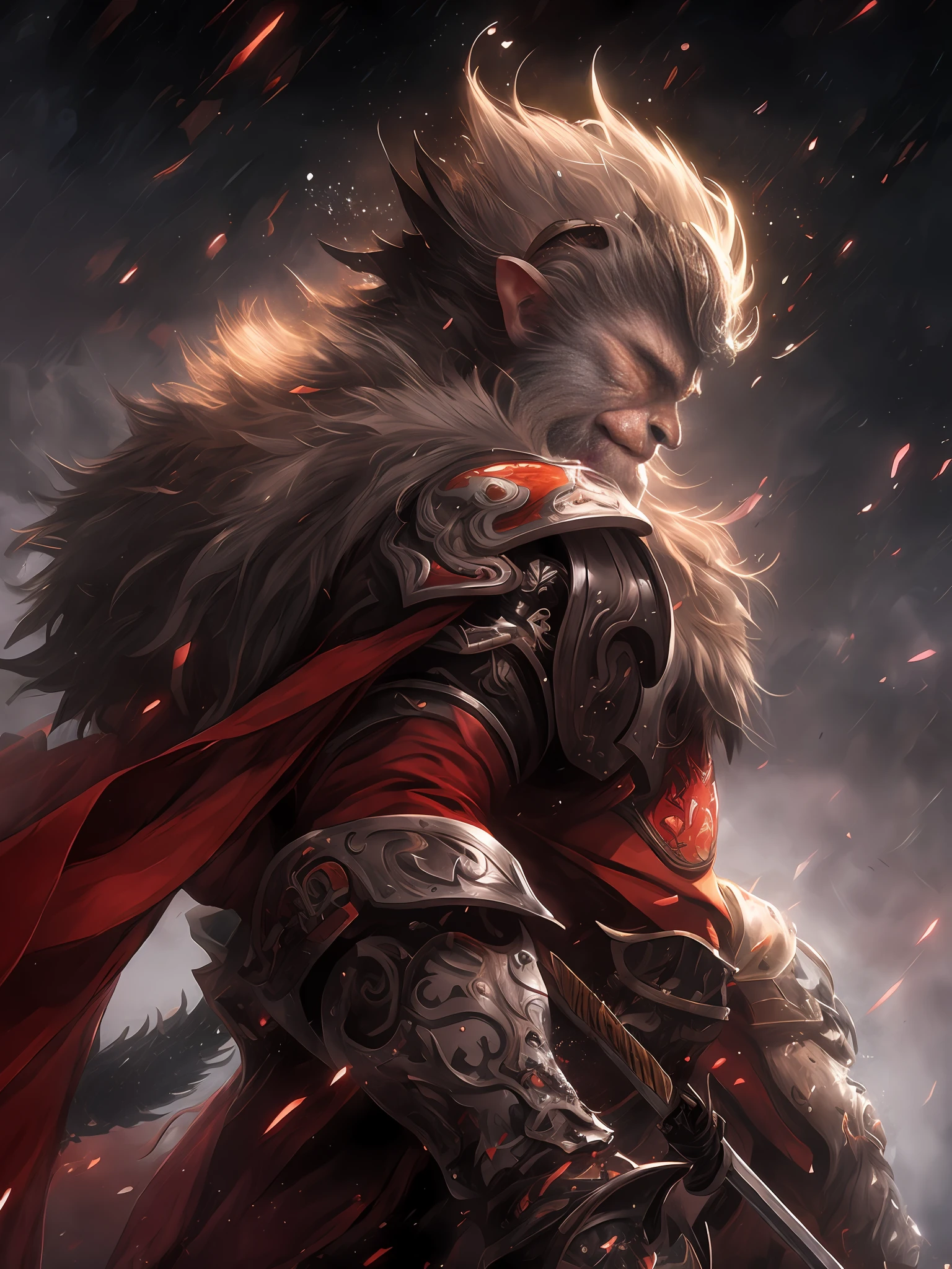 a close up of a man in armor holding a sword, wukong, sun wukong, epic fantasy character art, high quality fantasy art, epic fantasy card game art, fantasy card game art, 4k fantasy art, by Yang J, graphic artist magali villeneuve, 2. 5 d cgi anime fantasy artwork, epic fantasy style art