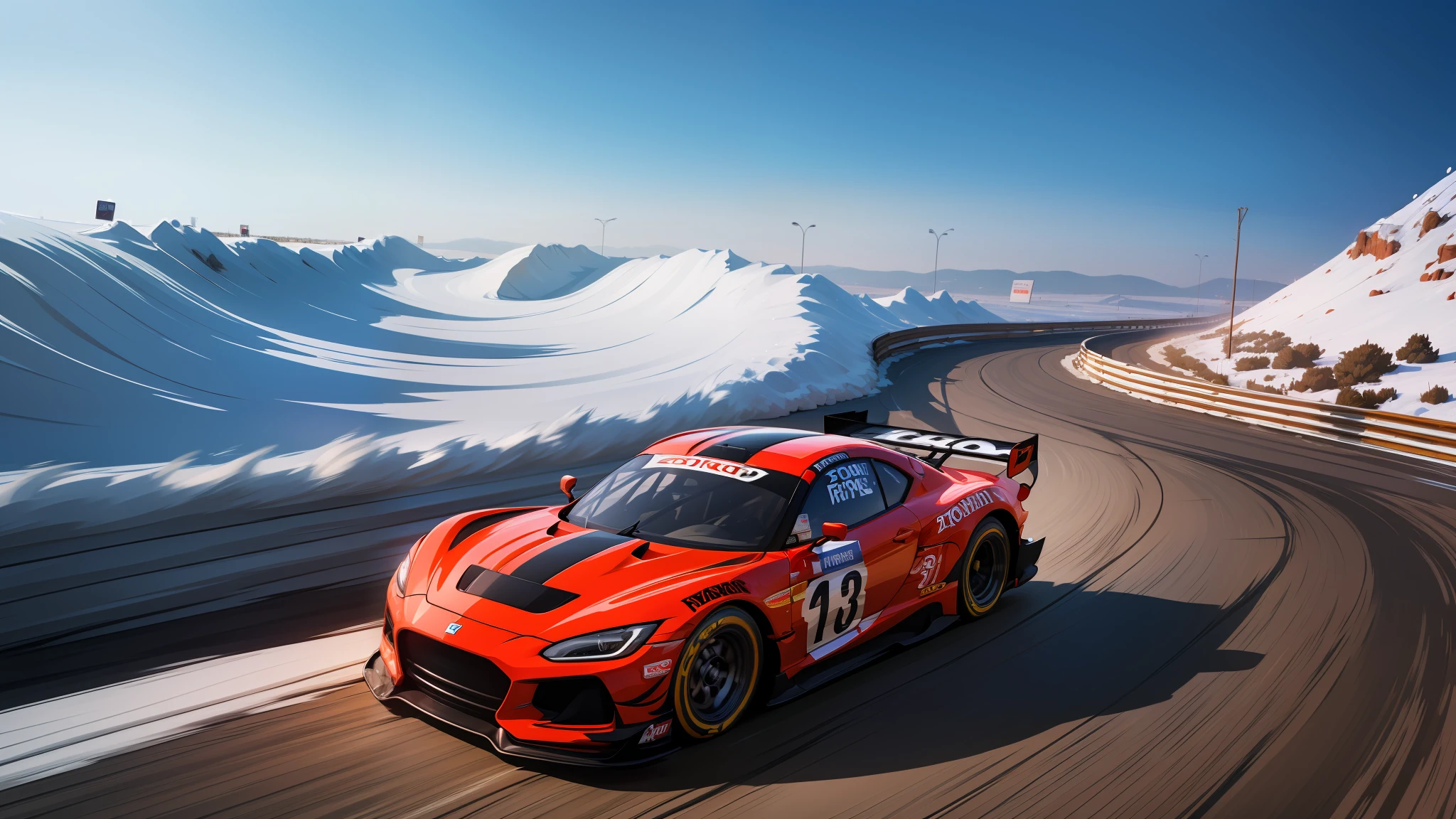 (a high-speed racing car:1.2) zooming across the blizzard, rock road, rock hills, oreange car