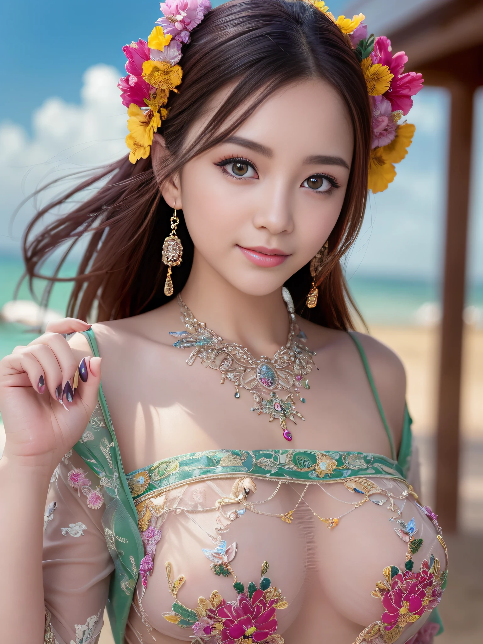 (best quality:1.1) ,(photorealistic:1.1), (photography:1.1), (highly detailed:1.1), looking at viewer,armlet, Jade bracelet, eyelashes, happy, medium breasts,beautiful detailed girl, (extremely detailed eyes and face), (lighting on face),necklace,Colorful clothes, [chinese clothes],[off shoulder], (solo:1.2), sandbeach,sand,Standing by the seaside, summer, (beautiful detailed sky),seethru,