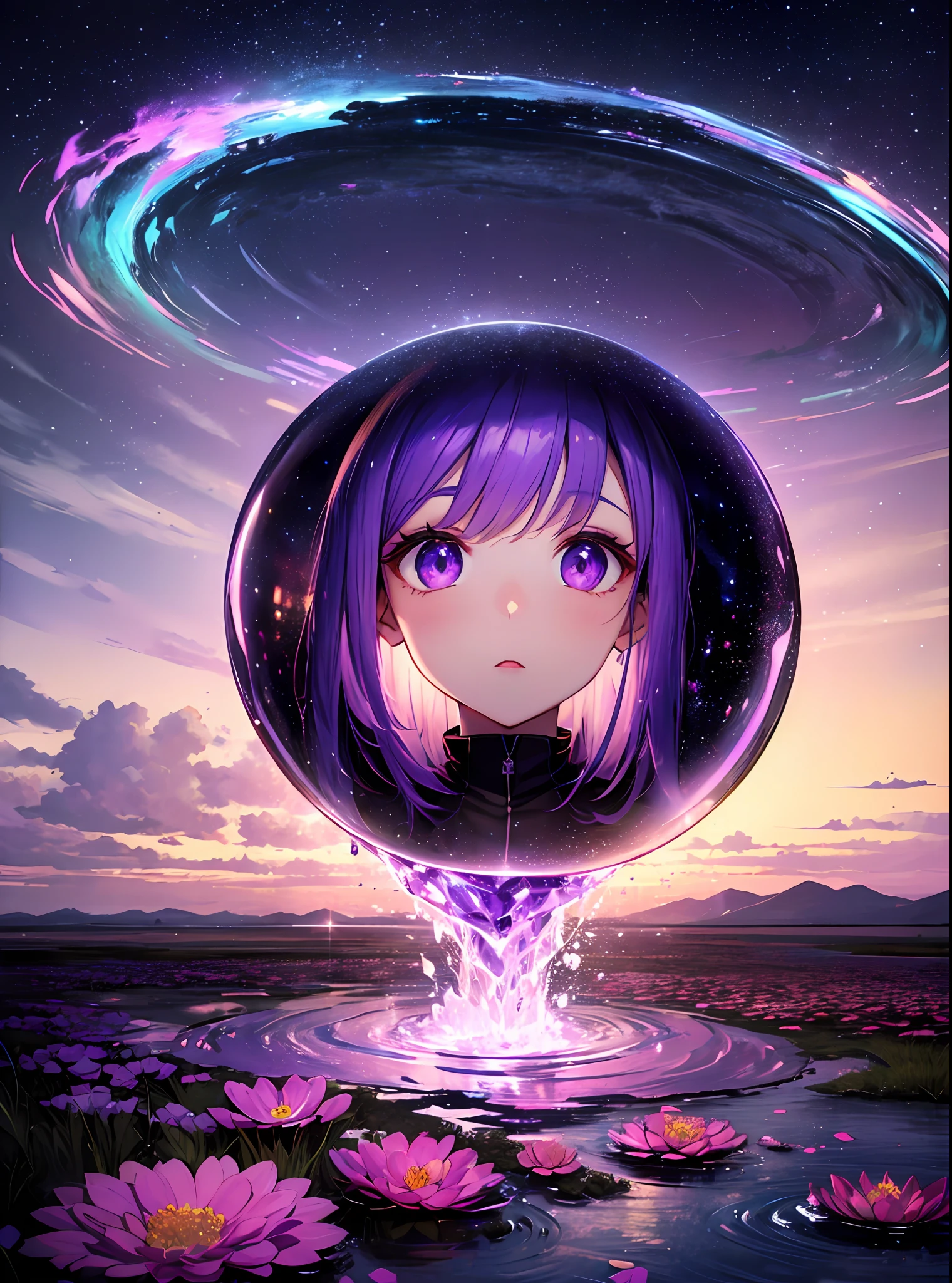 absurdity, high definition, (official art, beauty and aesthetics: 1.2),
1 girl, purple hair, middle hair, purple crystal eyes, shiny eyes,
purple sky, glittering galaxies, (Uyuni salt marsh: 1.2),
(Surrealism: 1.15), (fractal art: 0.3),
Water effect, ripple effect, (flower effect: 0.65), light effect, 8K wallpaper,