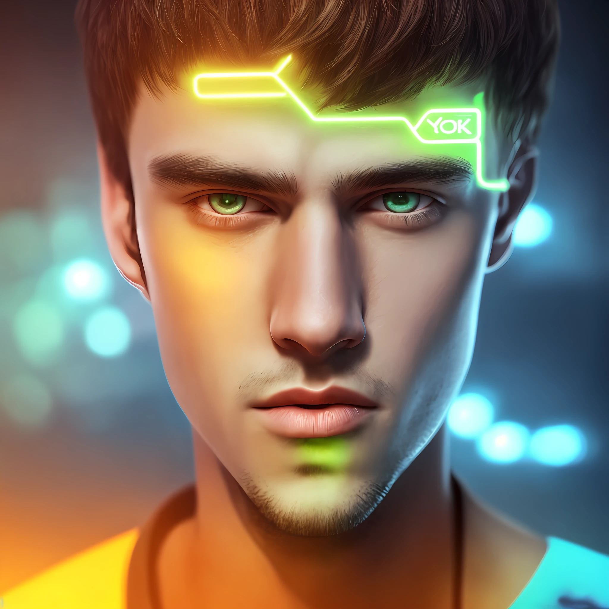 Young man with green eyes, wide eyes, surprise face, half-open lips, computer in hands, neon effects on computer, stylish clothing, realistic shadows, realistic light, ultra realistic skin, top 8k --auto