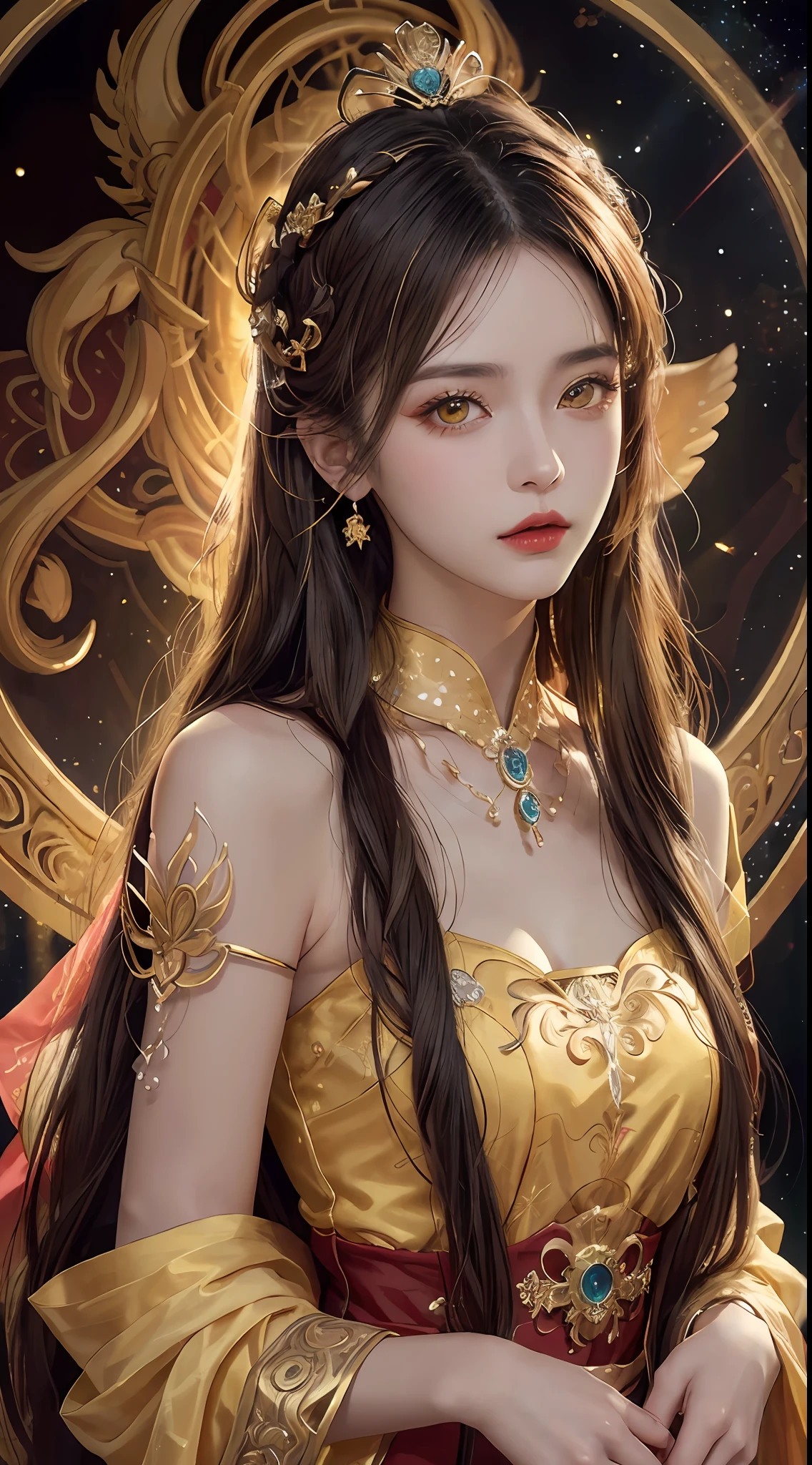 1 27-year-old girl, 1 zodiac goddess from the future, goddess of the pink and purple 12 zodiacs, the goddess of the zodiac in a yellow ao dai, a 12 zodiac ao dai with many black lace detail, mythology Goddess of the 12 zodiacs from the future, zodiac ♏, luxurious glittering zodiac style, dark and mysterious version, zodiac crown, lipstick lips red, thin and beautiful lips, Smile makes viewers fall in love, characters made by karol bak and pino daeni, intricate detail, detailed background, extremely detailed, light magic, a woman, clear face, look at the face of goddess zodialook at the zodiac goddess face, hair long with bangs, beautiful face in detail and well-proportioned eyes, (transparent yellow eyes: 1.8), big round eyes and very beautiful and detailed makeup, foresight, silk dress, mysterious makeup, double bangs and dyed light blonde, uper body, zodiac goddess uper body, arms hanging loosely, Realistic and vivid photo, (stars make up the zodiac: 1.7), (sky background zodiac and fictitious space and time portal: 1.8), fiction art, RAW photo, hanfu picture, best photo, best photo quality, 8k quality, 8k ultra, super realistic, real photo most economical, artistic portrait of goddess zodiac,